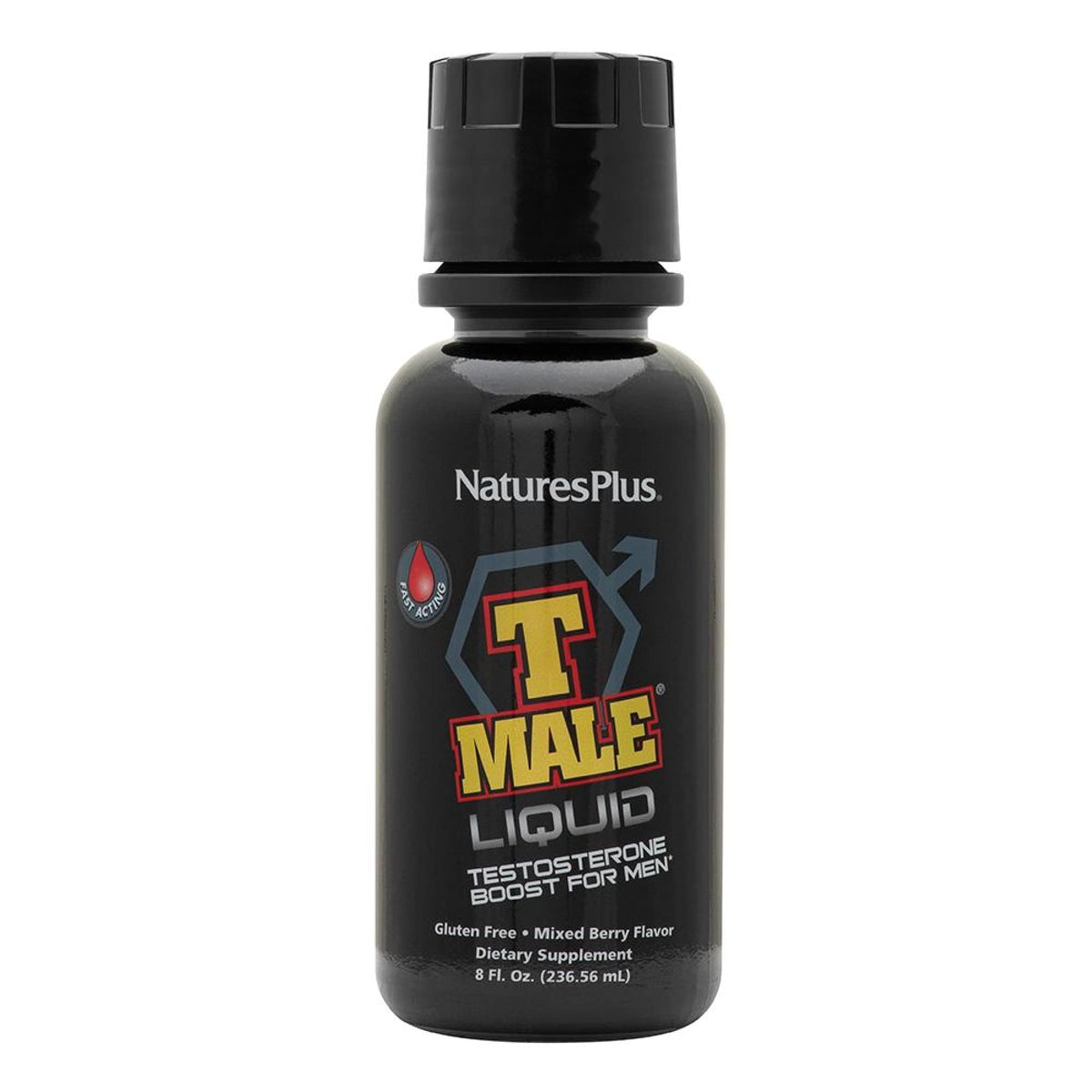NaturesPlus T-Male Líquido, frasco de 8 oz, sabor frutos rojos, posible apoyo a rendimiento físico.
