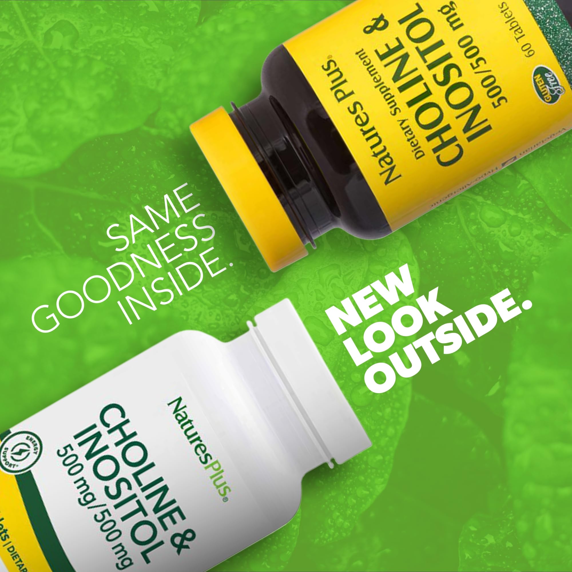 Tableta de NaturesPlus Colina e Inositol, primer plano y tamaño visible.