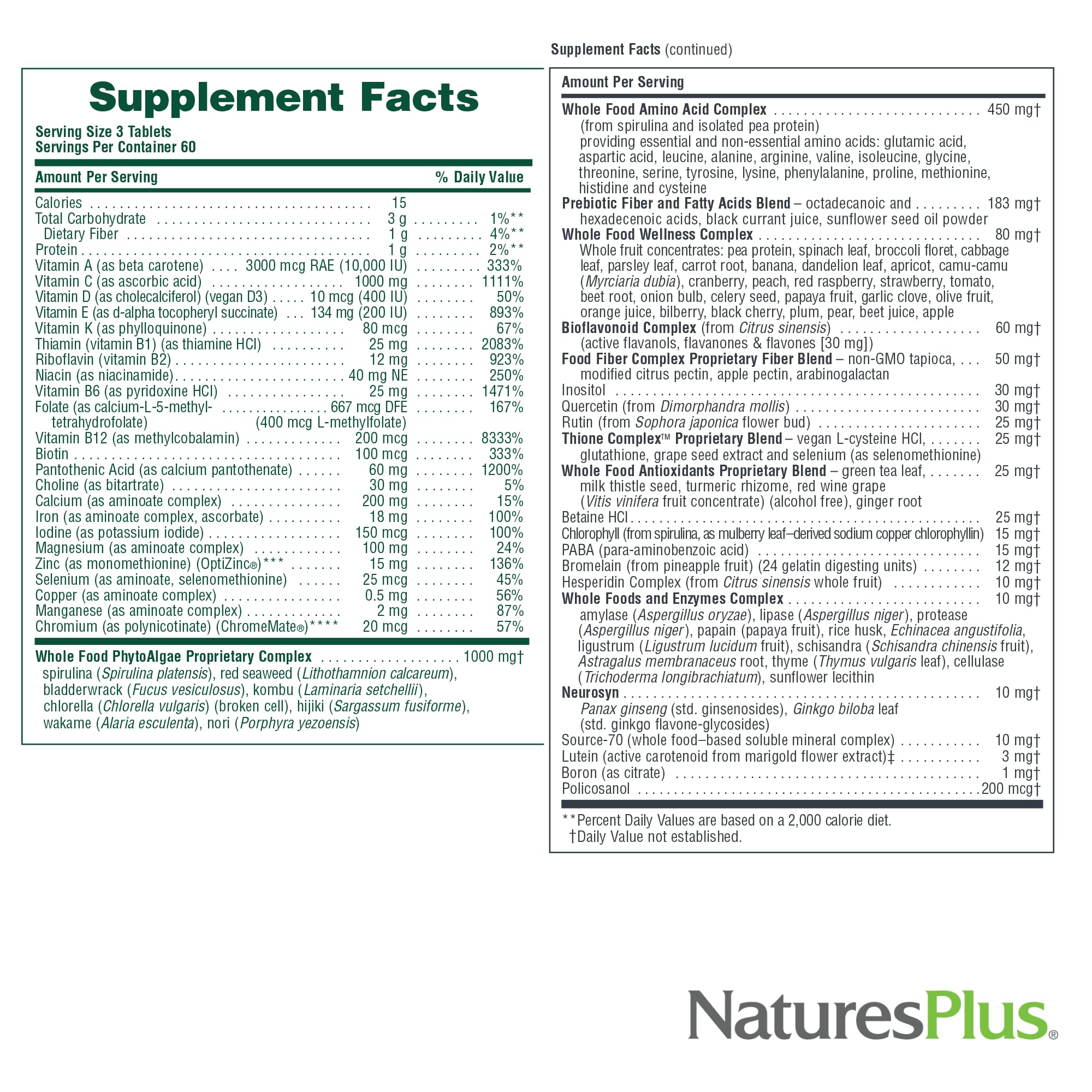 NaturesPlus Ultra Fuente de Vida, gráfico de ingredientes clave, beneficios para bienestar general.