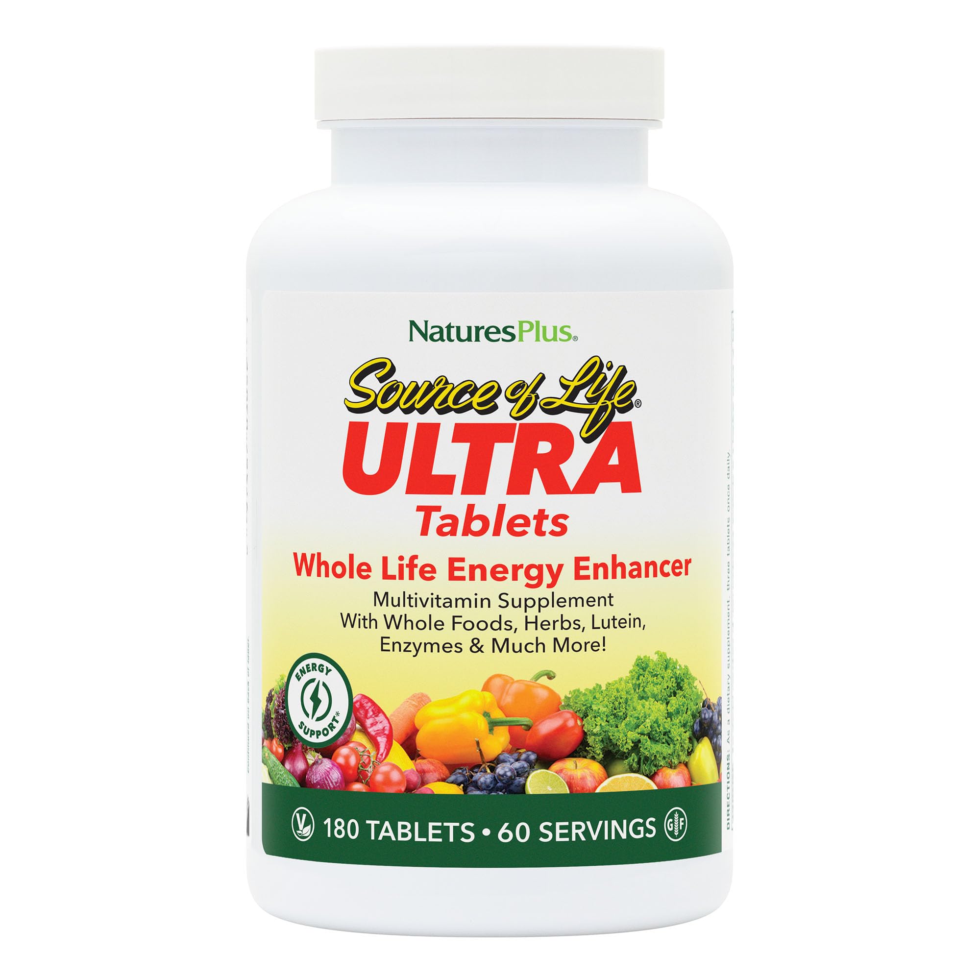NaturesPlus Ultra Fuente de Vida, botella frontal, apoya energía diaria.