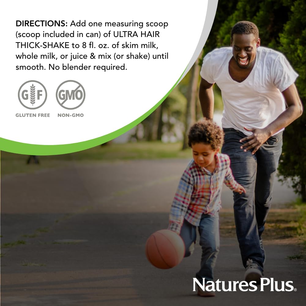 Envase frontal de NaturesPlus Ultra Hair Thick Shake, compacto para viaje.