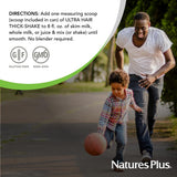 Envase frontal de NaturesPlus Ultra Hair Thick Shake, compacto para viaje.