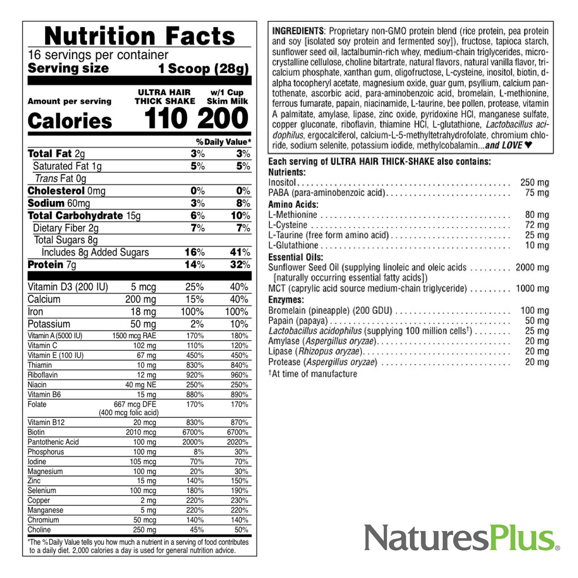 Ingredientes clave como biotina y aminoácidos en NaturesPlus Ultra Hair Thick Shake.