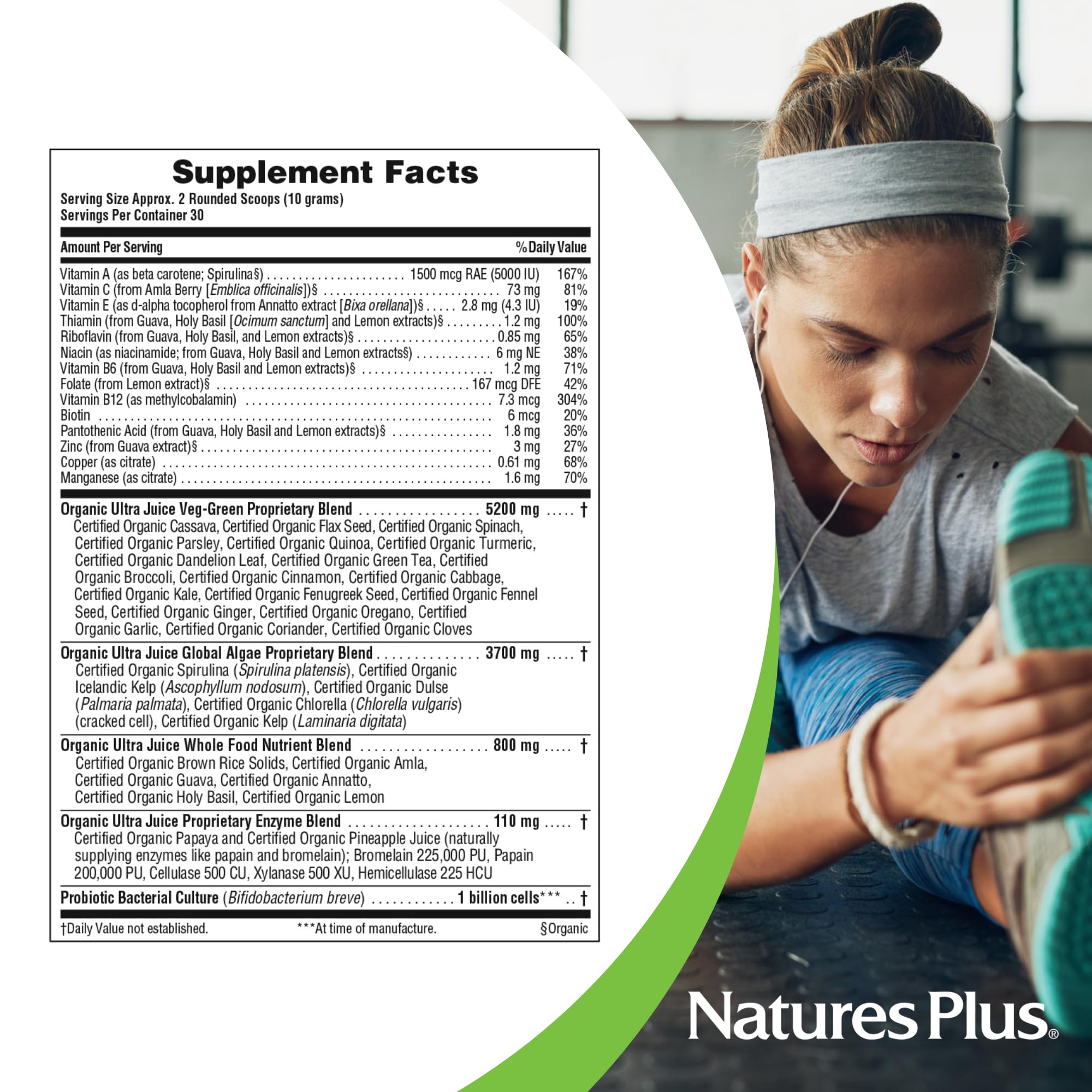NaturesPlus Ultra Juice Green Drink etiqueta orgánica destacando calidad