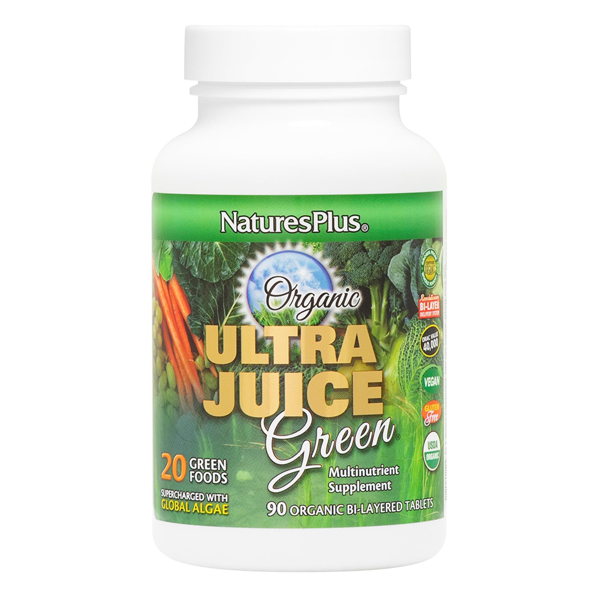 NaturesPlus Ultra Juice Green, empaque frontal, energía diaria y vitalidad.