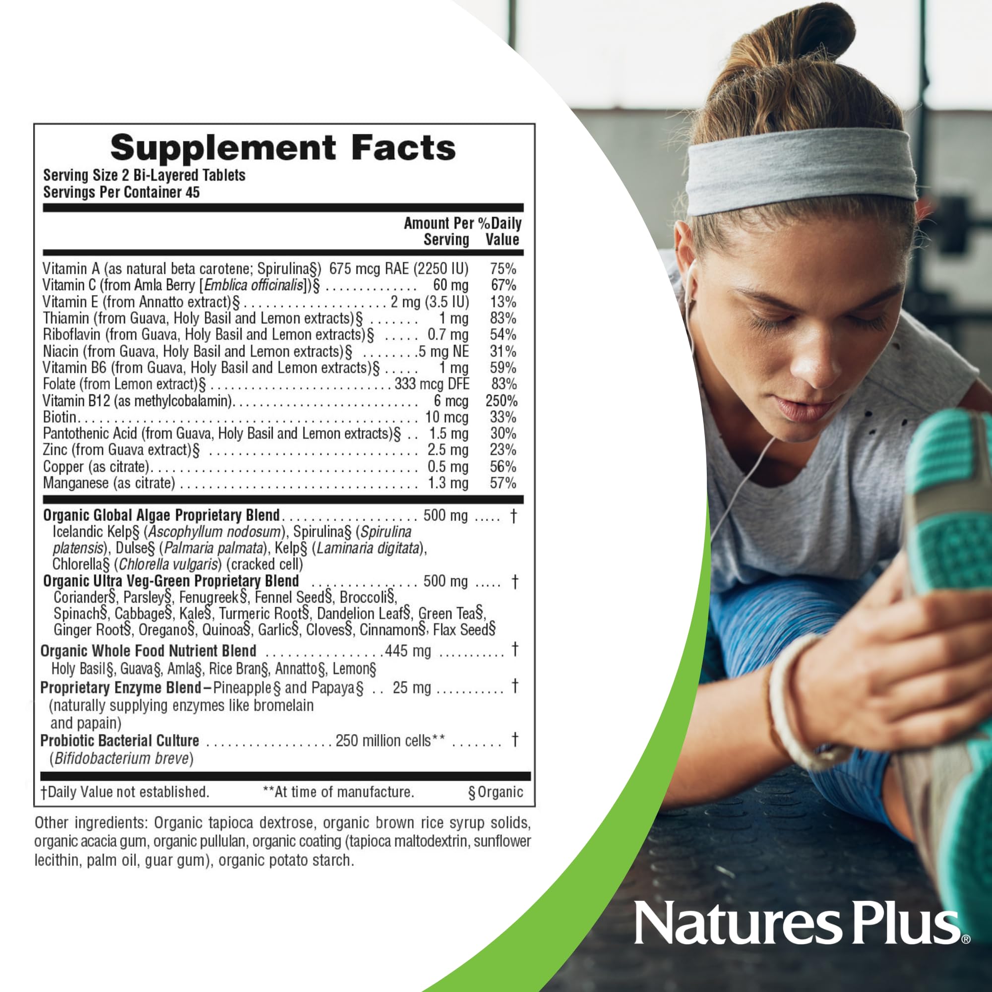 NaturesPlus Ultra Juice Green, etiqueta sin alérgenos apta para dietas veganas.