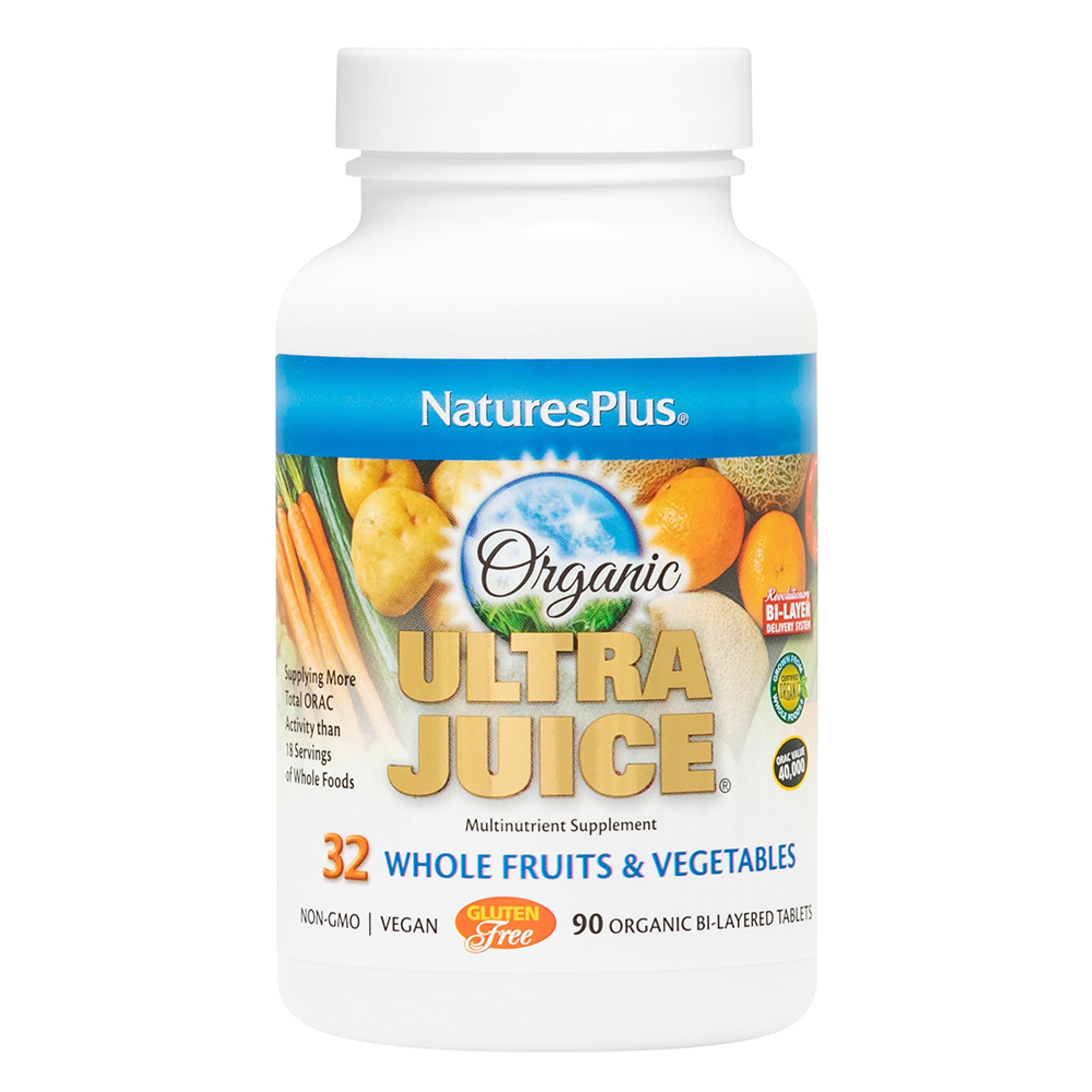 NaturesPlus Ultra Juice Multivitamin, botella frontal, apoyo a la energía diaria.