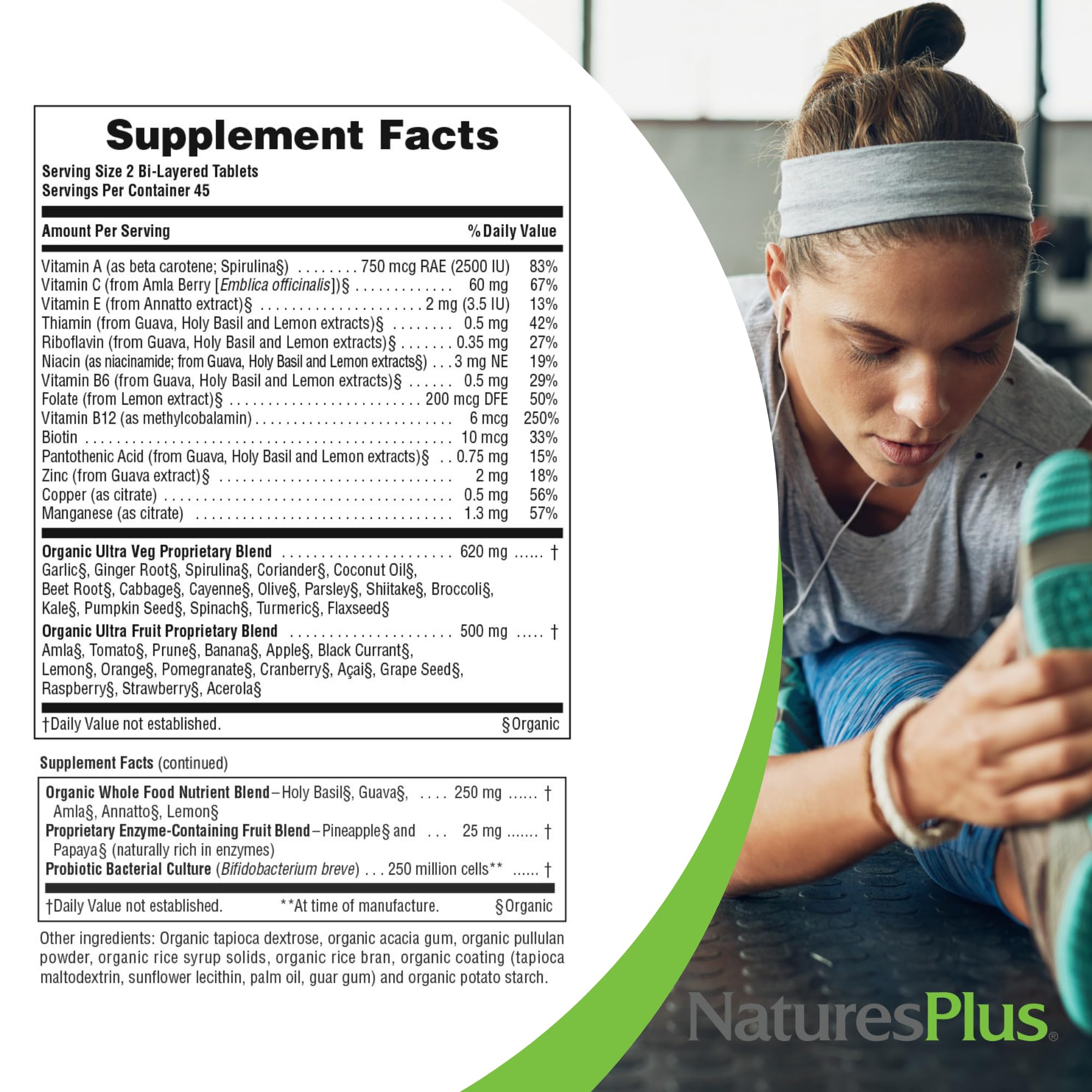 NaturesPlus Ultra Juice Multivitamin, envase con probióticos para absorción.