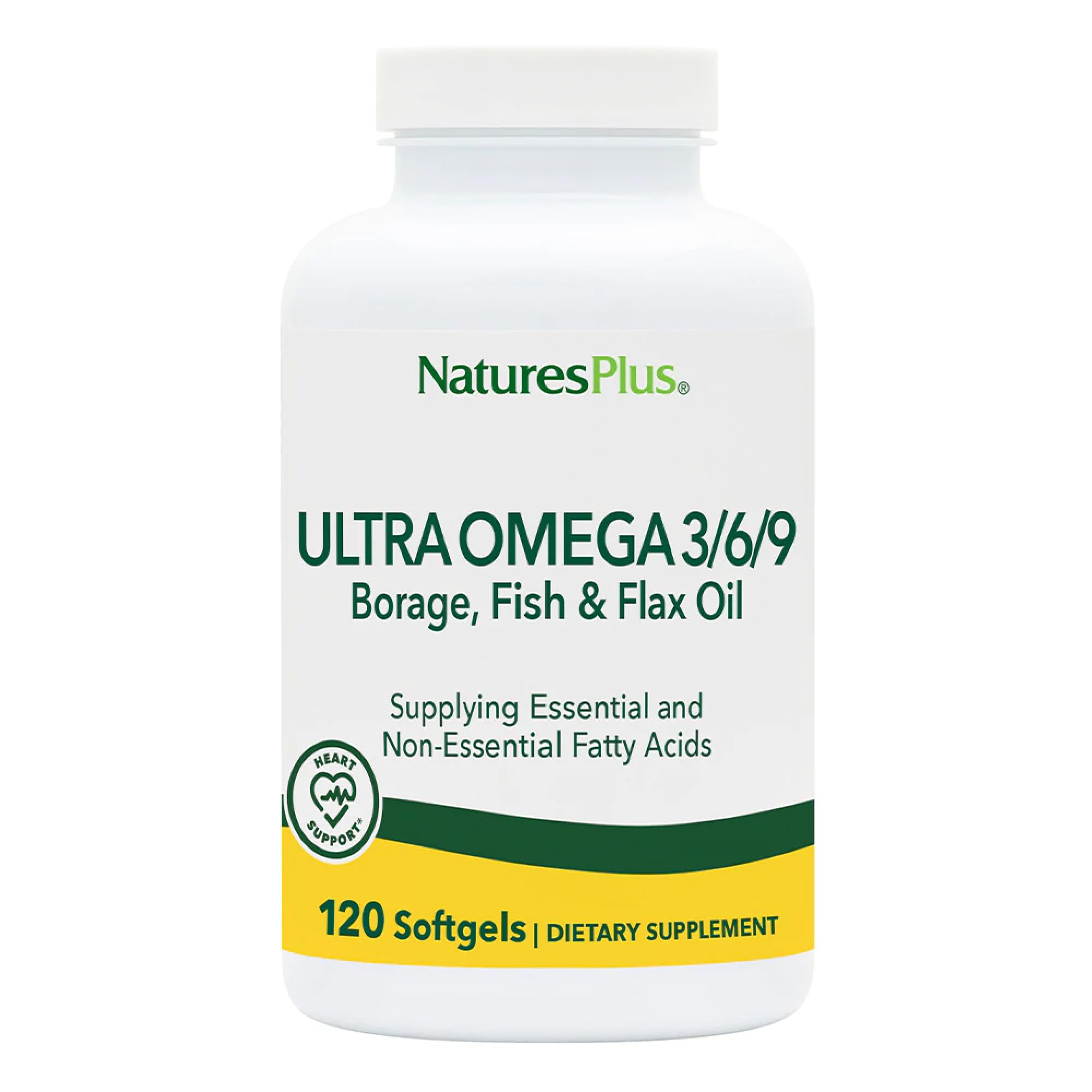 NaturesPlus Ultra Omega 3 6 9, envase y cápsulas blandas fáciles de tragar.