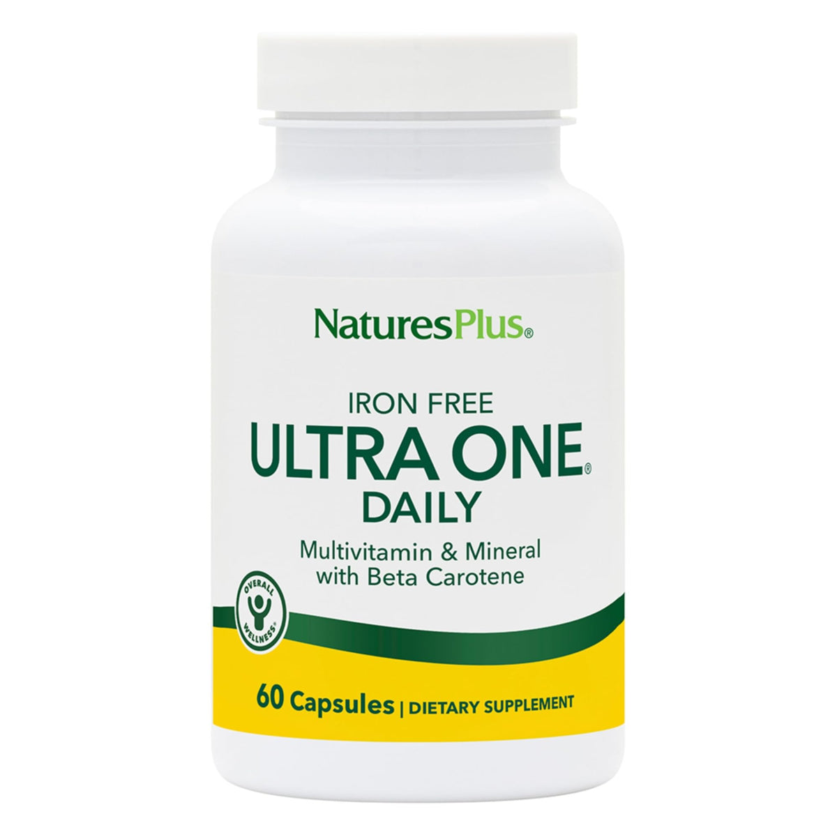 NaturesPlus Ultra One Daily Iron Free: cápsulas en frasco, apoyo a la energía diaria.