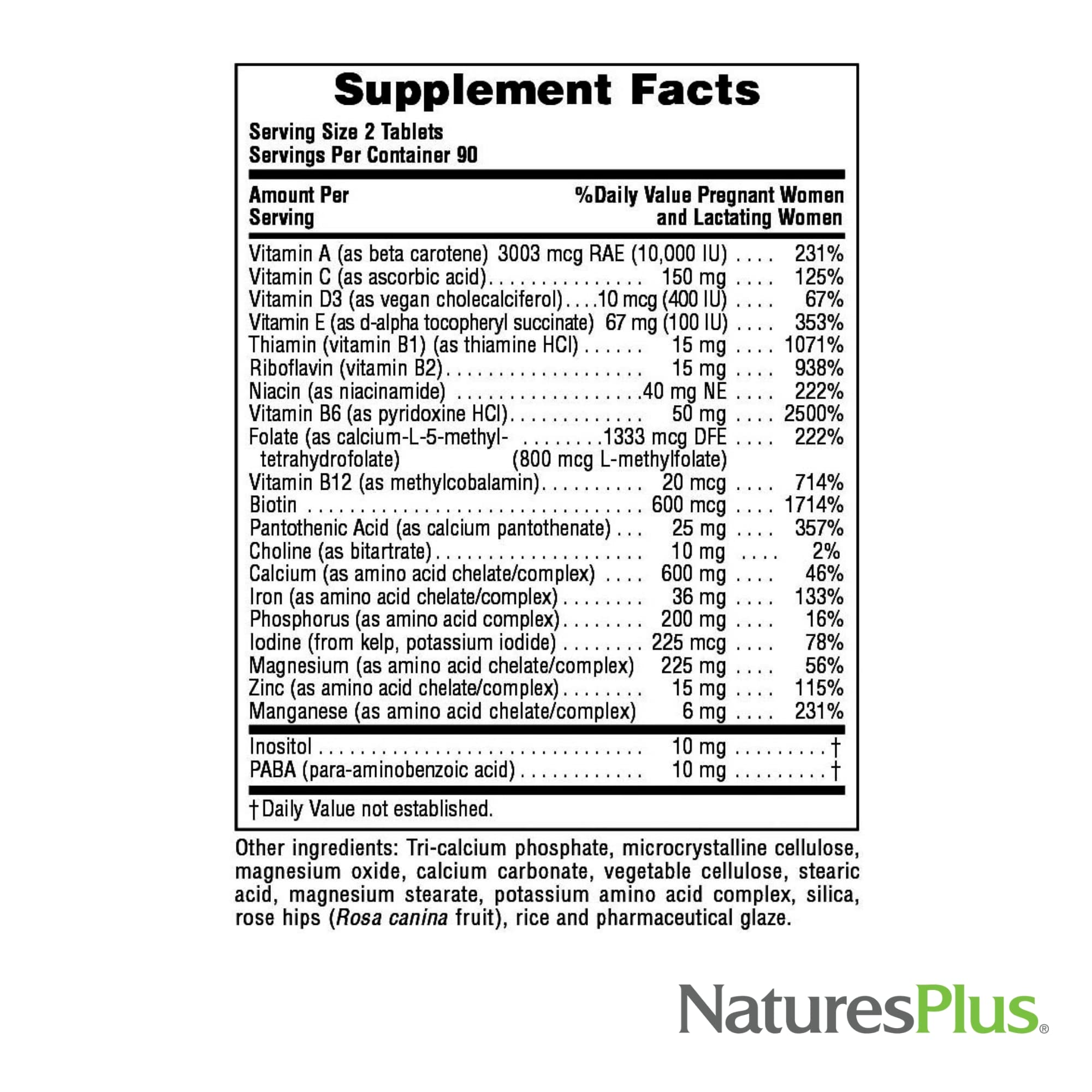 NaturesPlus Ultra Prenatal, contiene calcio y folato para soporte diario.