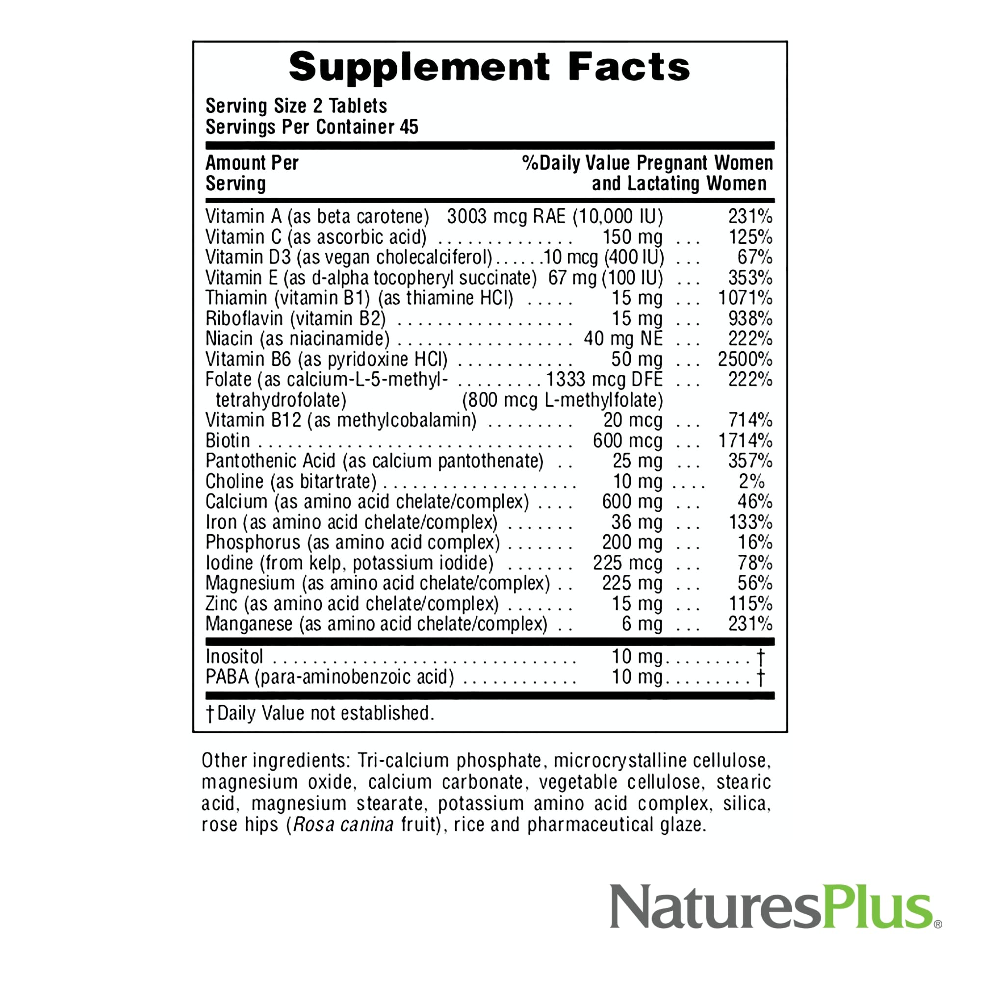 NaturesPlus Ultra Prenatal, libre de gluten y alérgenos comunes.