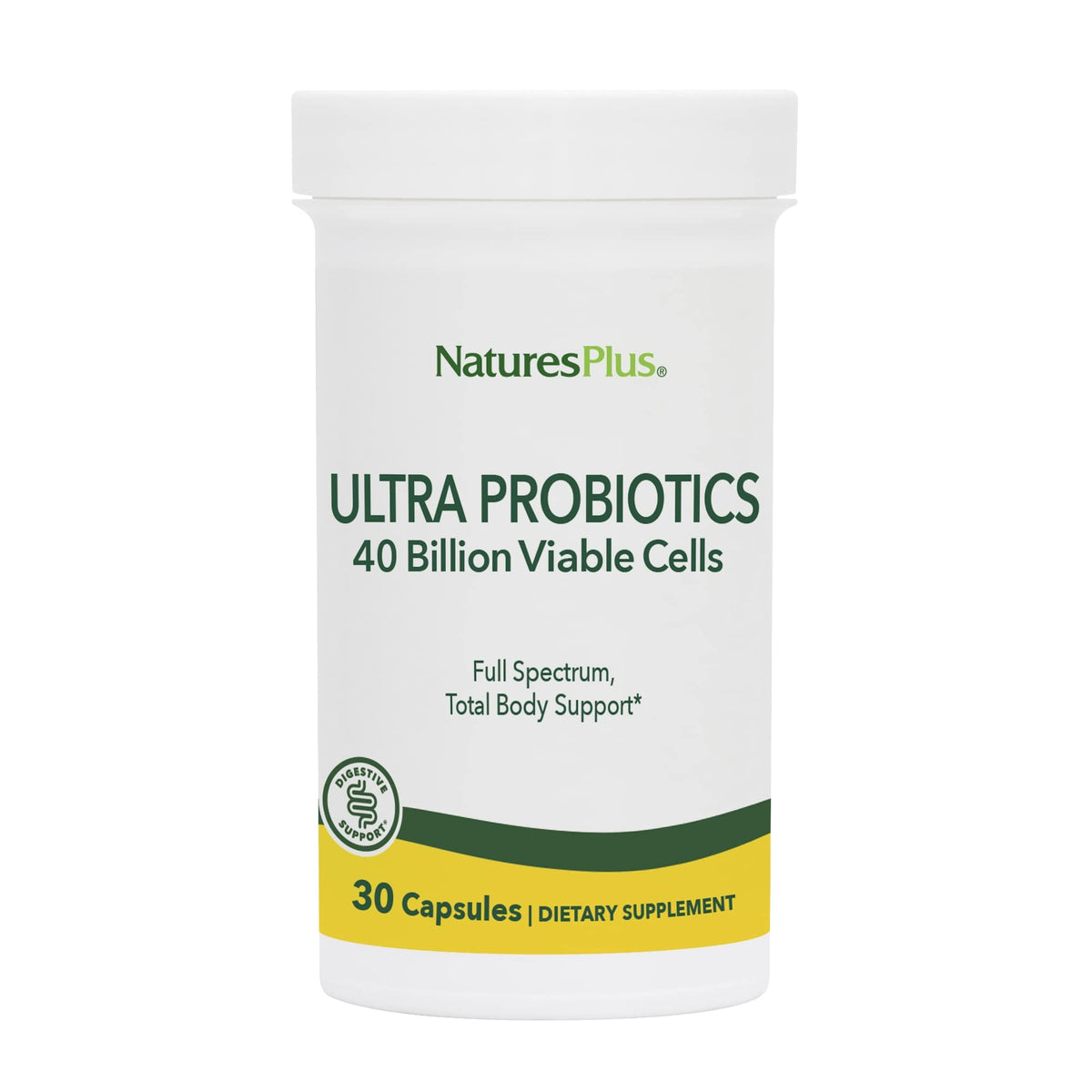 NaturesPlus Ultra Probiotics, botella de cápsulas veganas para apoyo digestivo diario.