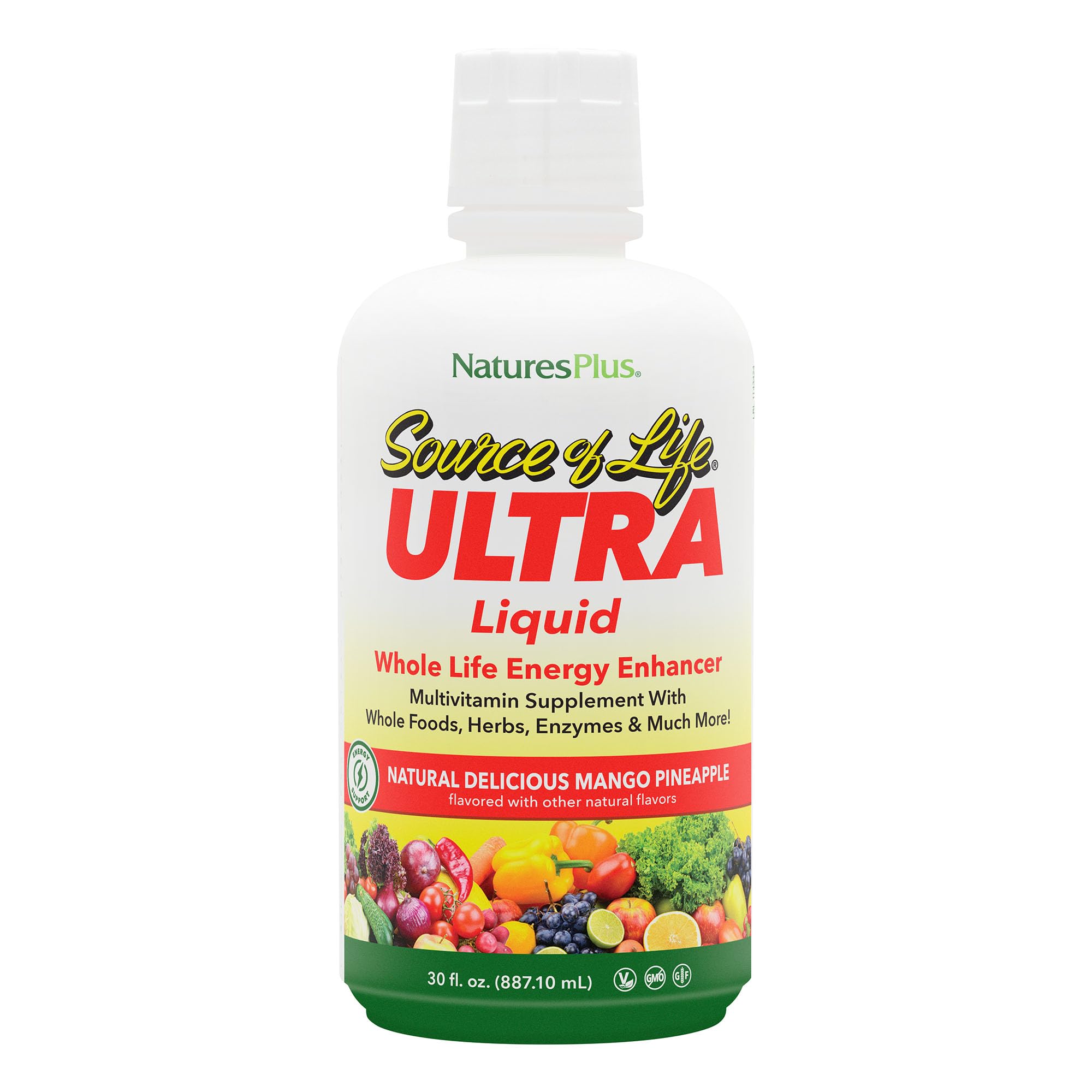 NaturesPlus Ultra Source of Life Líquido, botella mango-pina para energía diaria.