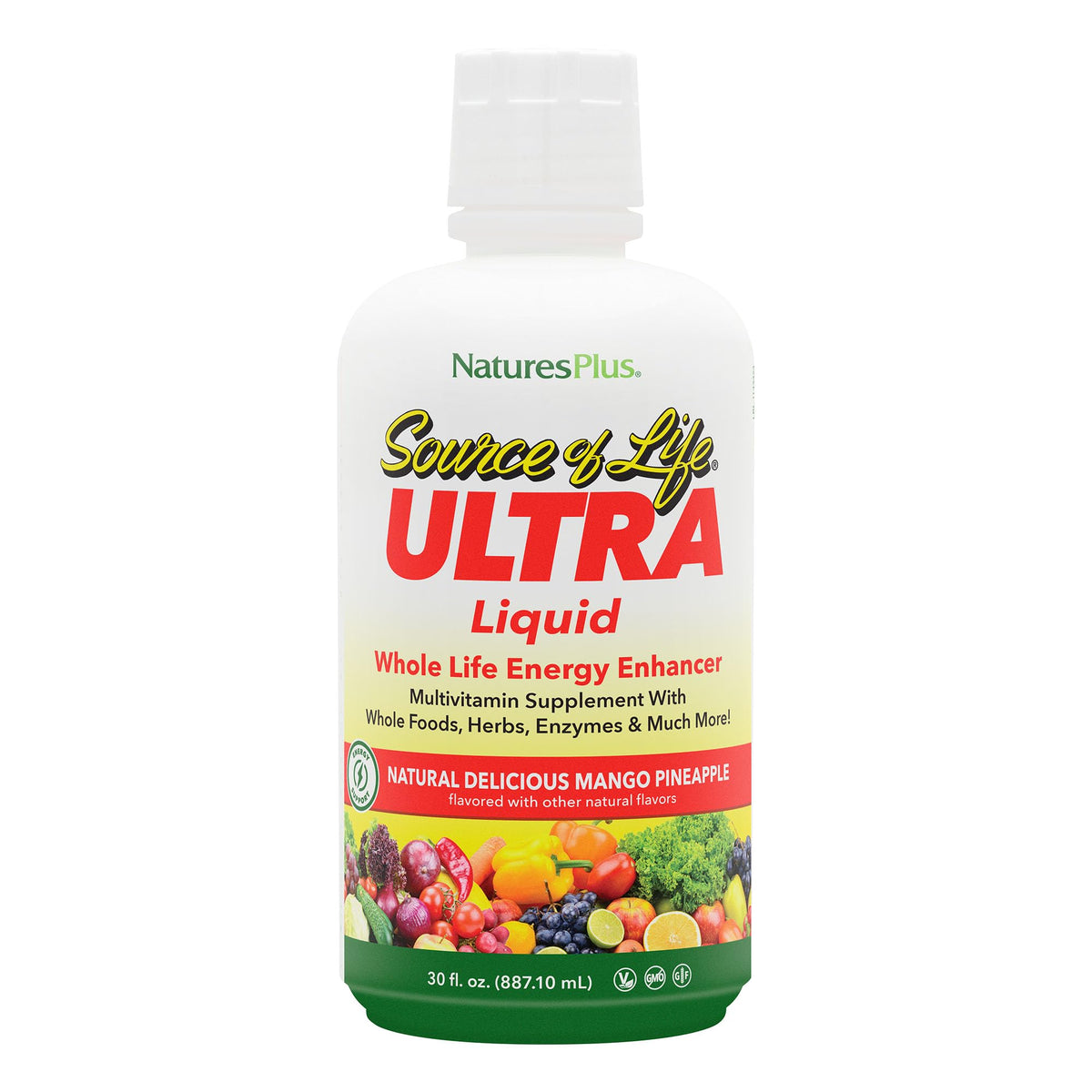 NaturesPlus Ultra Source of Life Líquido, botella mango-pina para energía diaria.