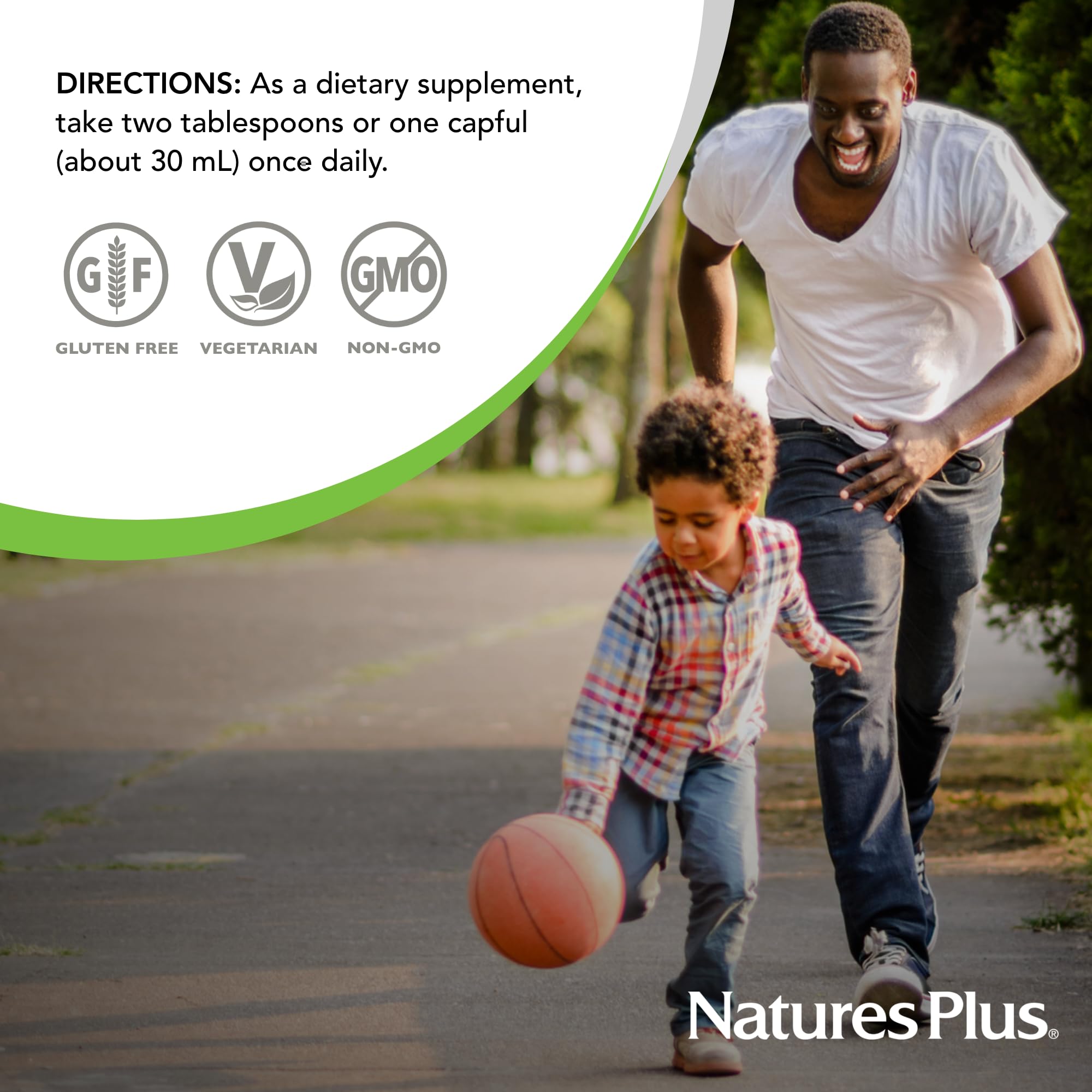 NaturesPlus Ultra Source of Life Líquido, certificaciones cGMP y FDA-NSF visibles.