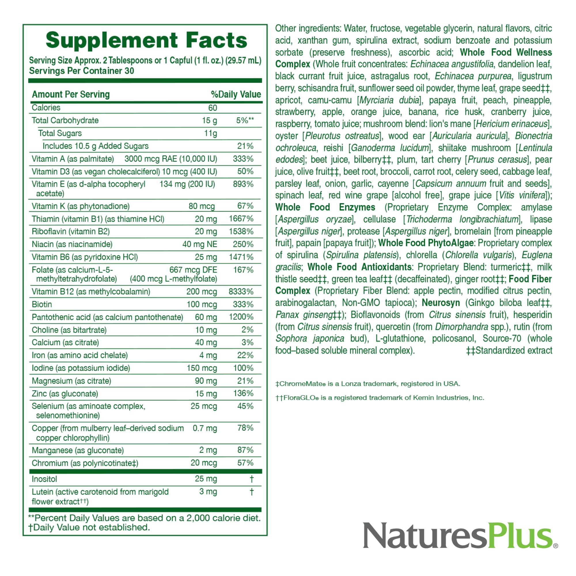 NaturesPlus Ultra Source of Life Líquido, concentración de ingredientes de alimentos integrales.