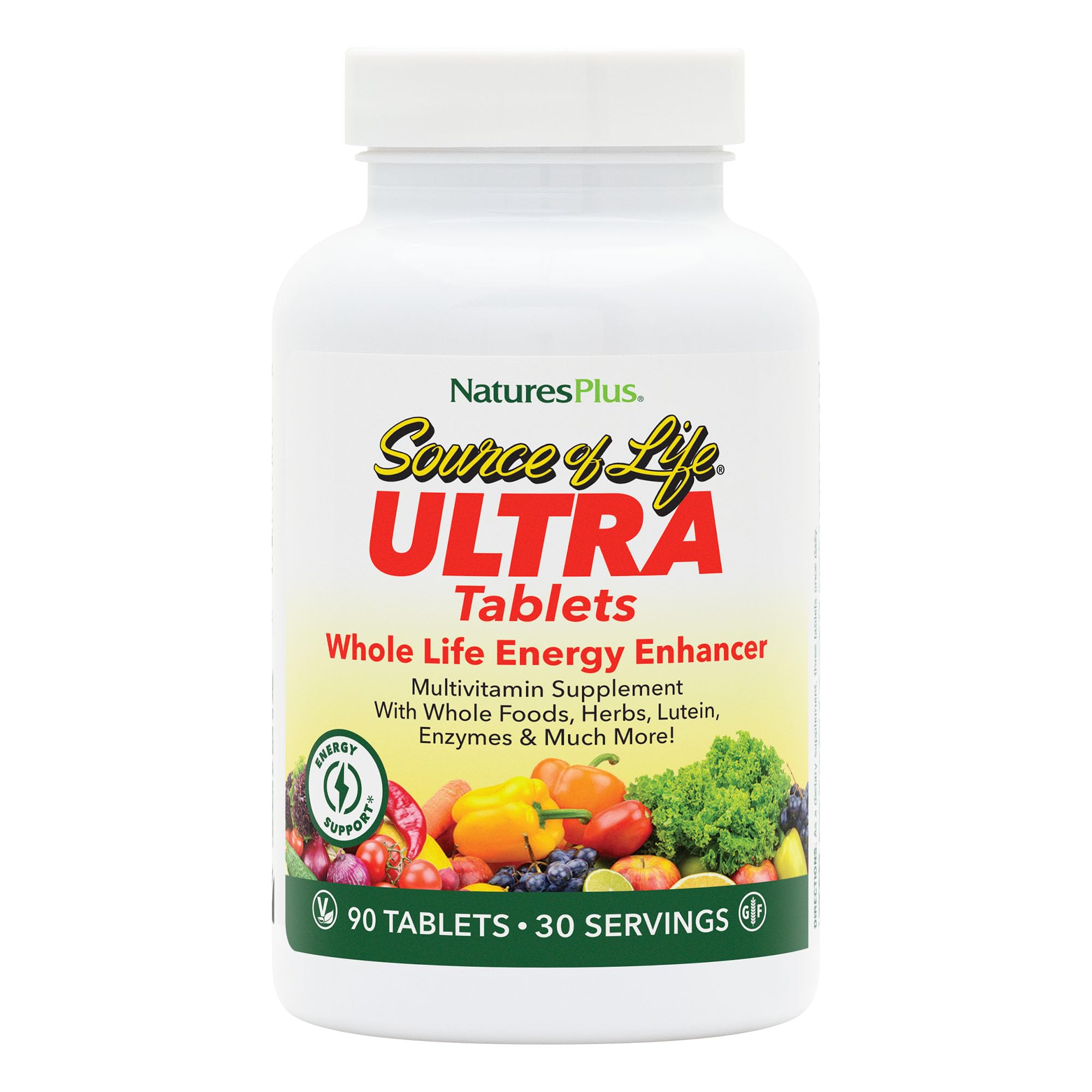 NaturesPlus Ultra Source of Life en botella de 90 tabletas para energía diaria.