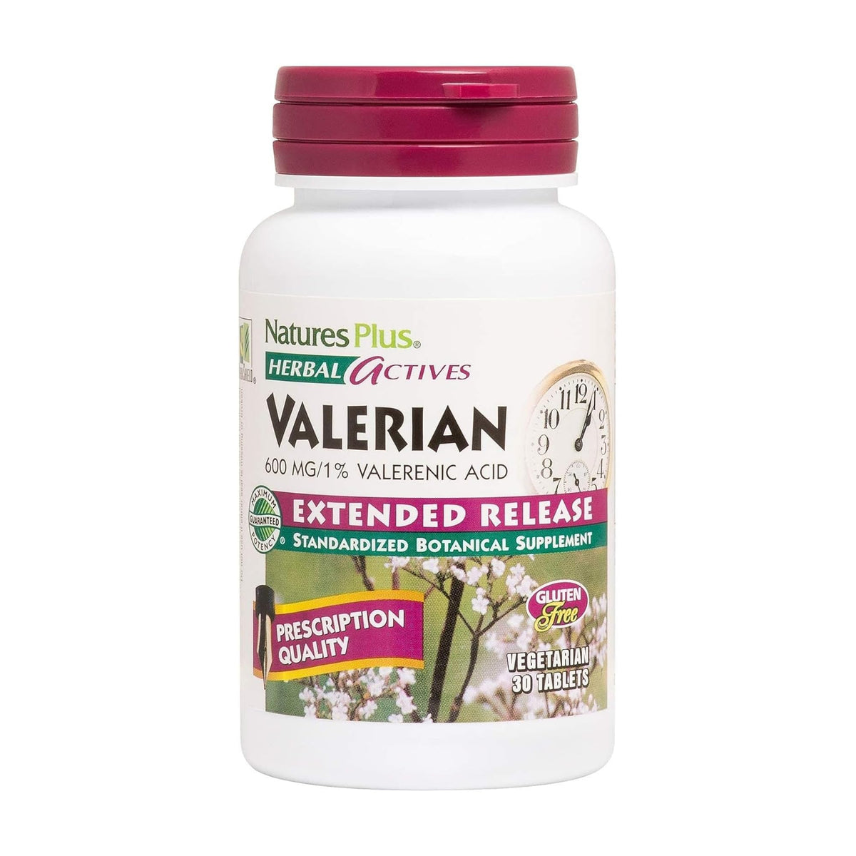 Botella de NaturesPlus Valeriana 600 mg lista para la relajación nocturna