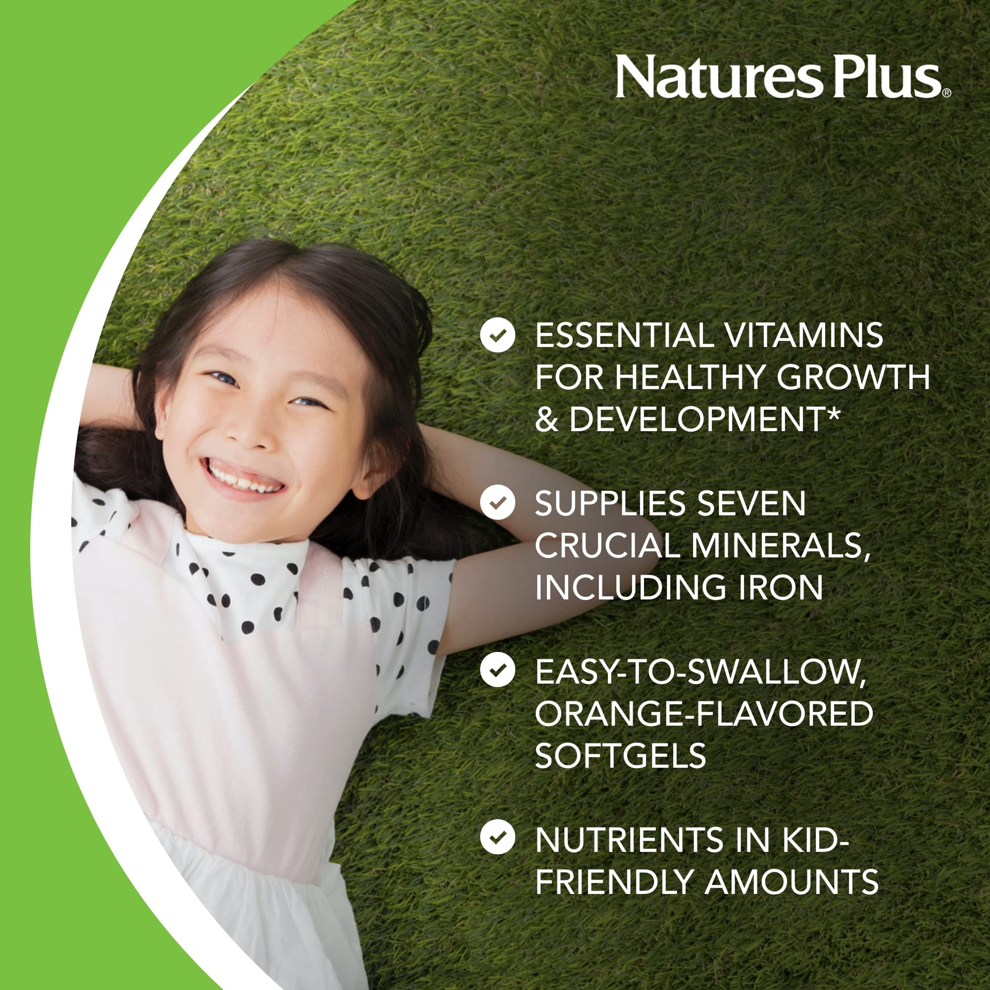 NaturesPlus Vita-Gels para niños, etiqueta nutricional con vitaminas y minerales clave.