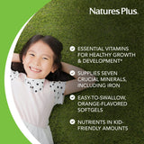 NaturesPlus Vita-Gels para niños, etiqueta nutricional con vitaminas y minerales clave.