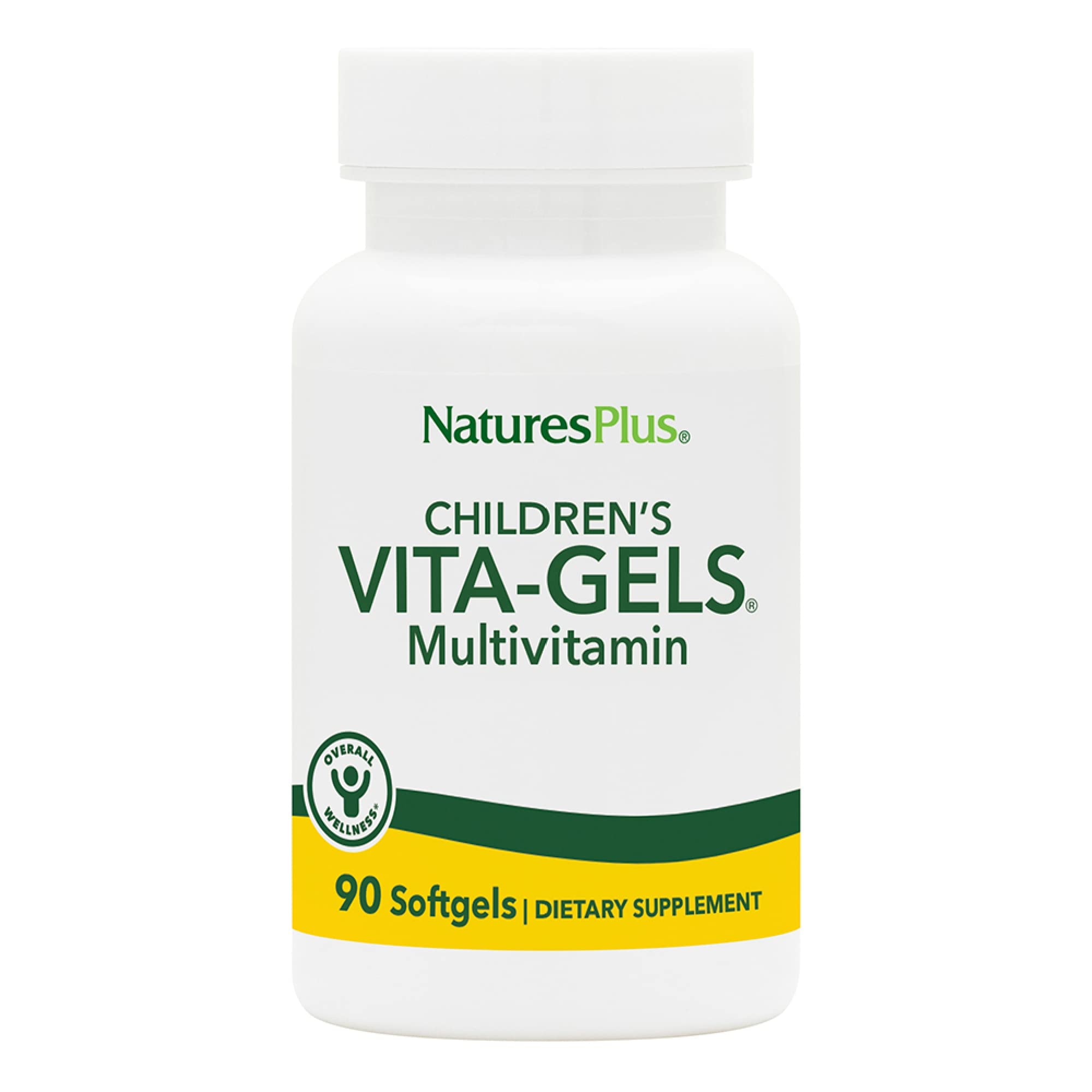NaturesPlus Vita-Gels para niños frente a la botella, nutrición diaria conveniente.