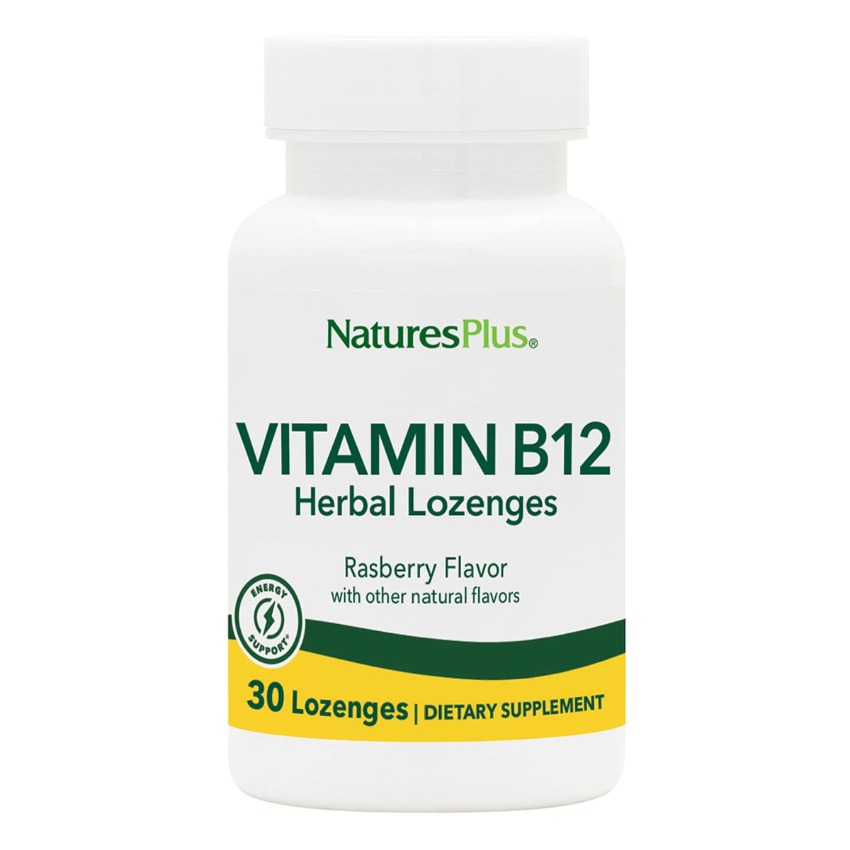 NaturesPlus Vitamina B12 1000 mcg, pastillas masticables frambuesa, apoyo posible a la energía diaria.
