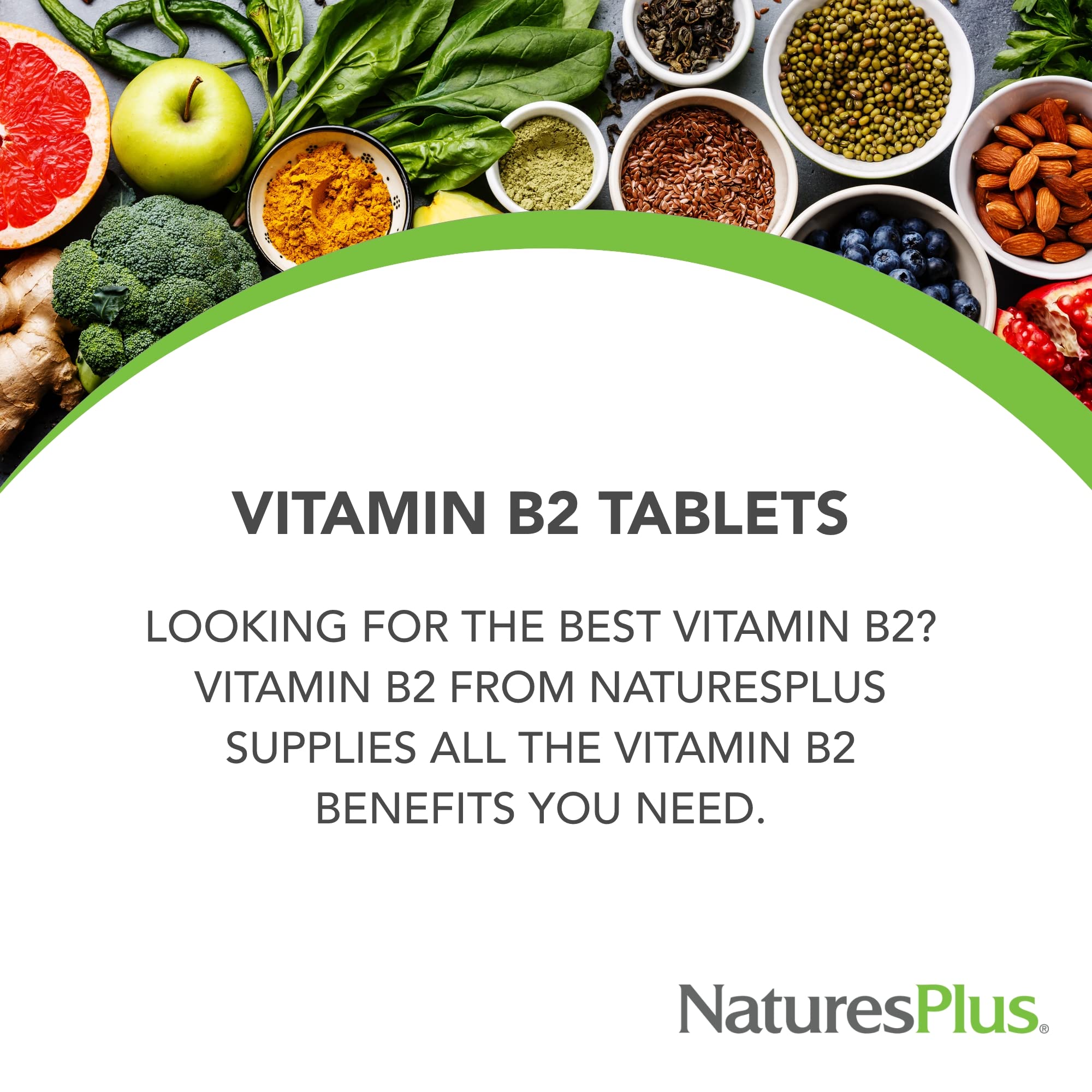 NaturesPlus Vitamina B2 100 mg: etiqueta frontal destaca el beneficio antioxidante.