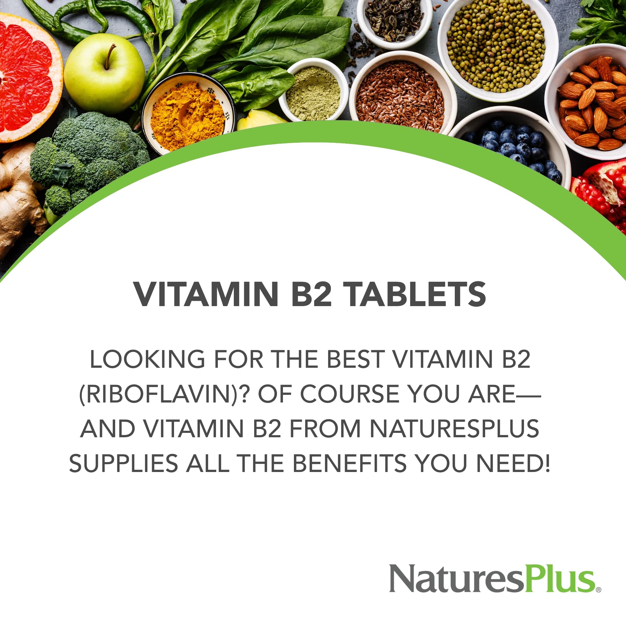 NaturesPlus Vitamina B2 etiqueta con dosis de 250 mg