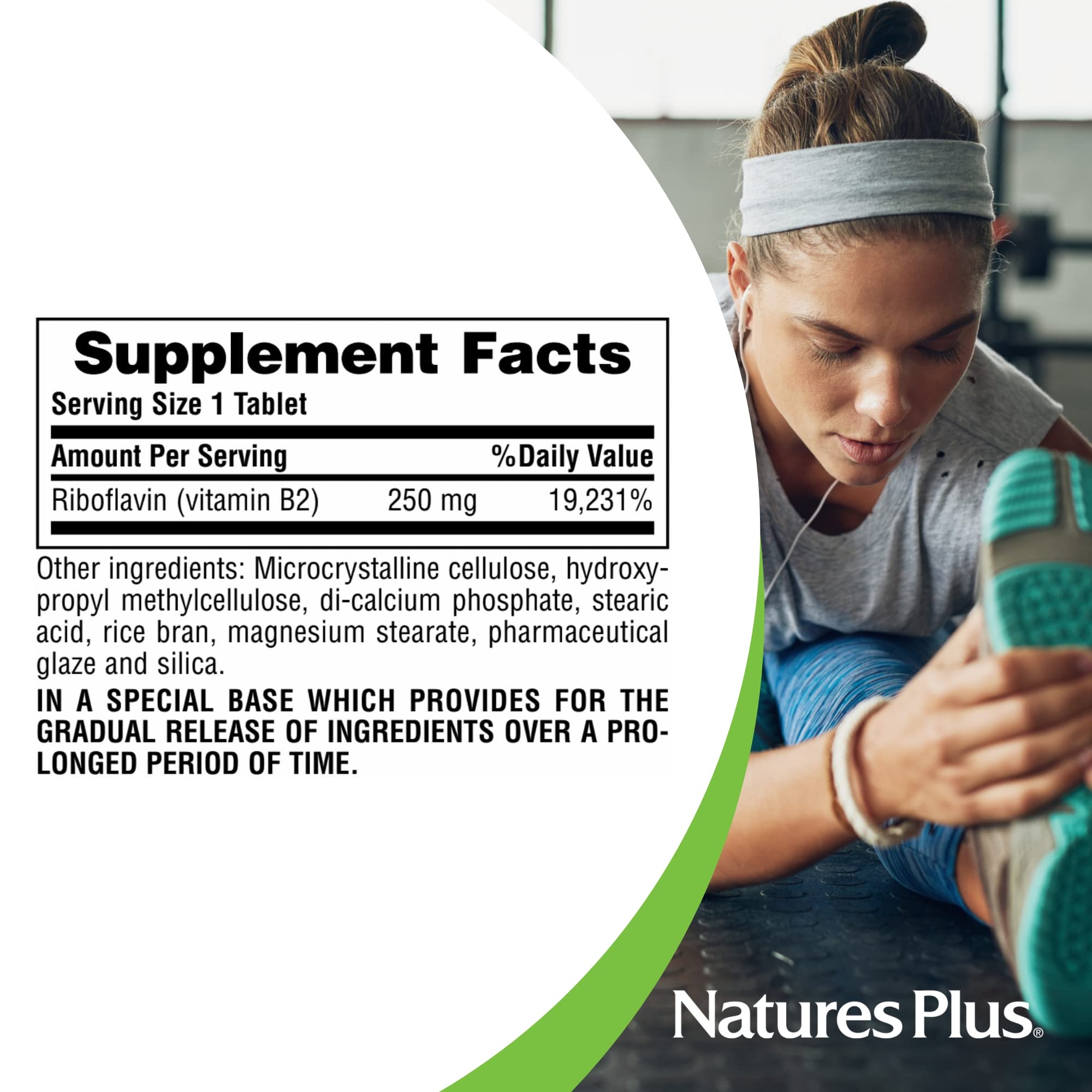 NaturesPlus Vitamina B2 folleto con beneficios de cuidado diario