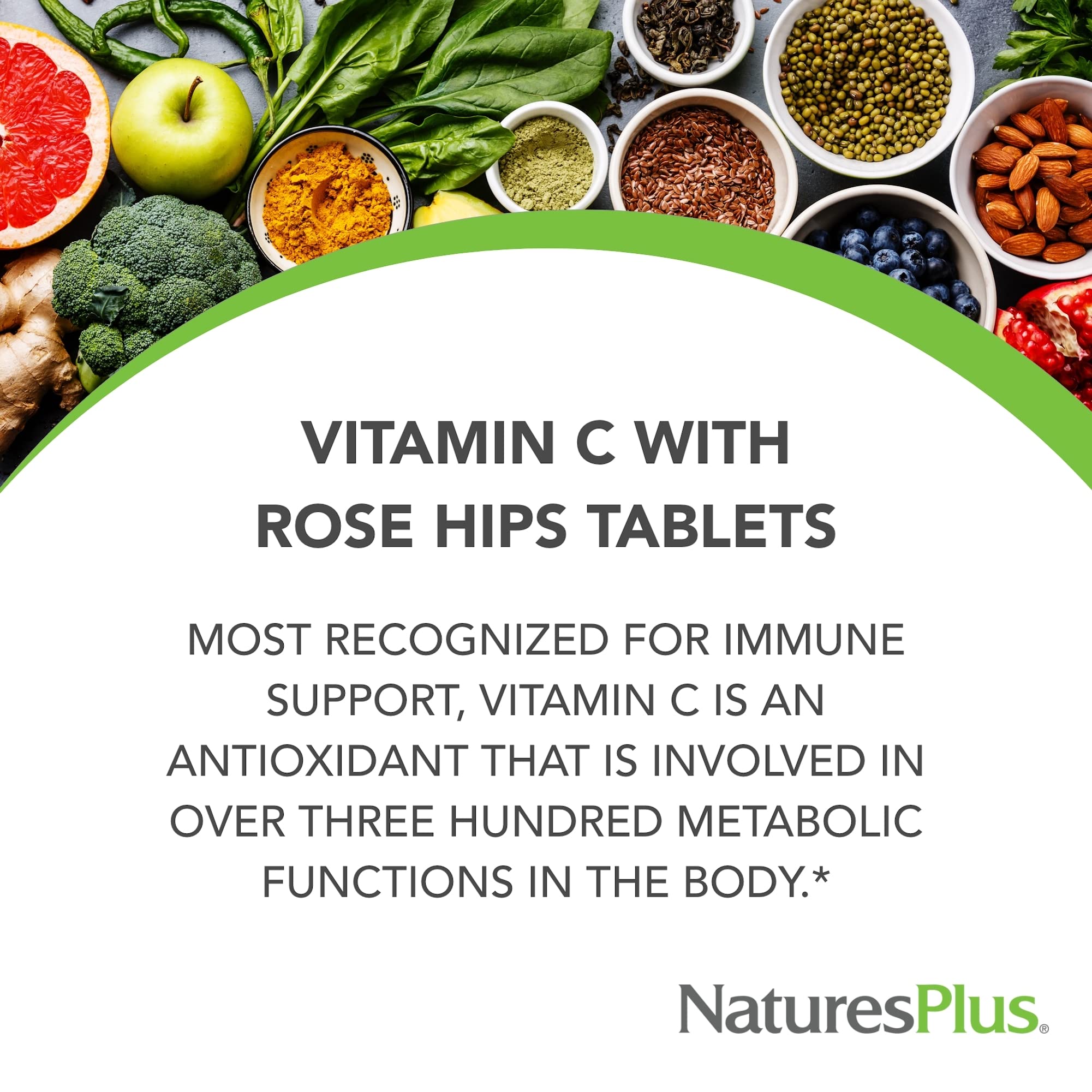 NaturesPlus Vitamina C 1000 mg, etiqueta libre de gluten para dietas.