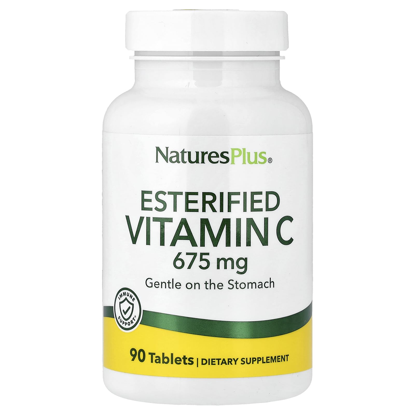 NaturesPlus Vitamina C Esterificada 675 mg, botella de tabletas, apoyo suave para el estómago.