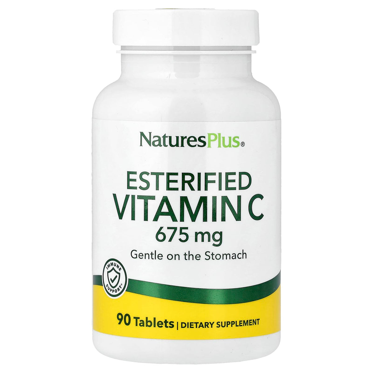 NaturesPlus Vitamina C Esterificada 675 mg, botella de tabletas, apoyo suave para el estómago.
