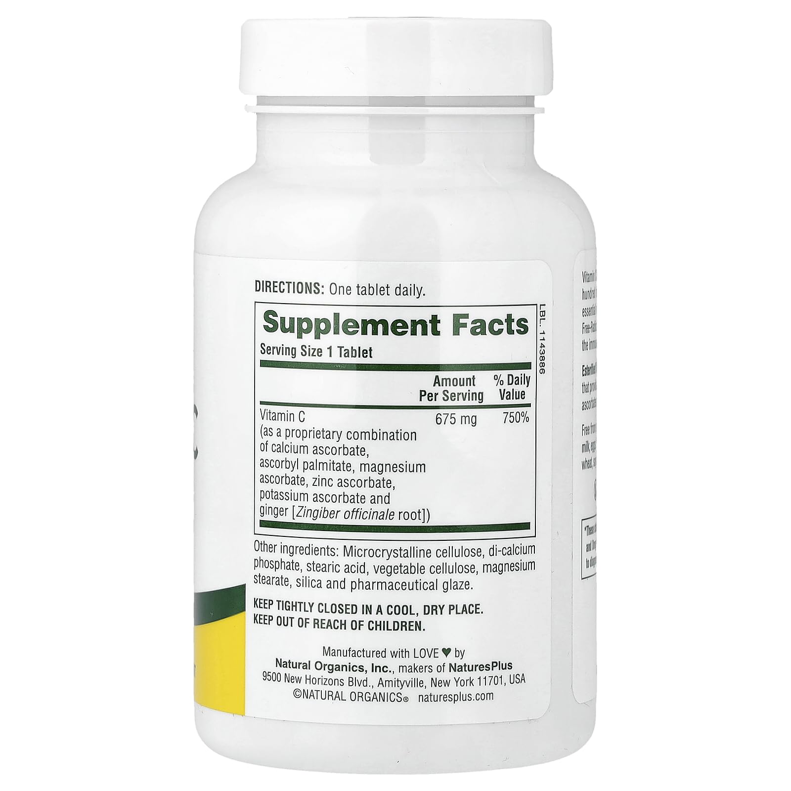 NaturesPlus Vitamina C Esterificada 675 mg, tabletas dentro del empaque, apoyo al sistema inmune diario.