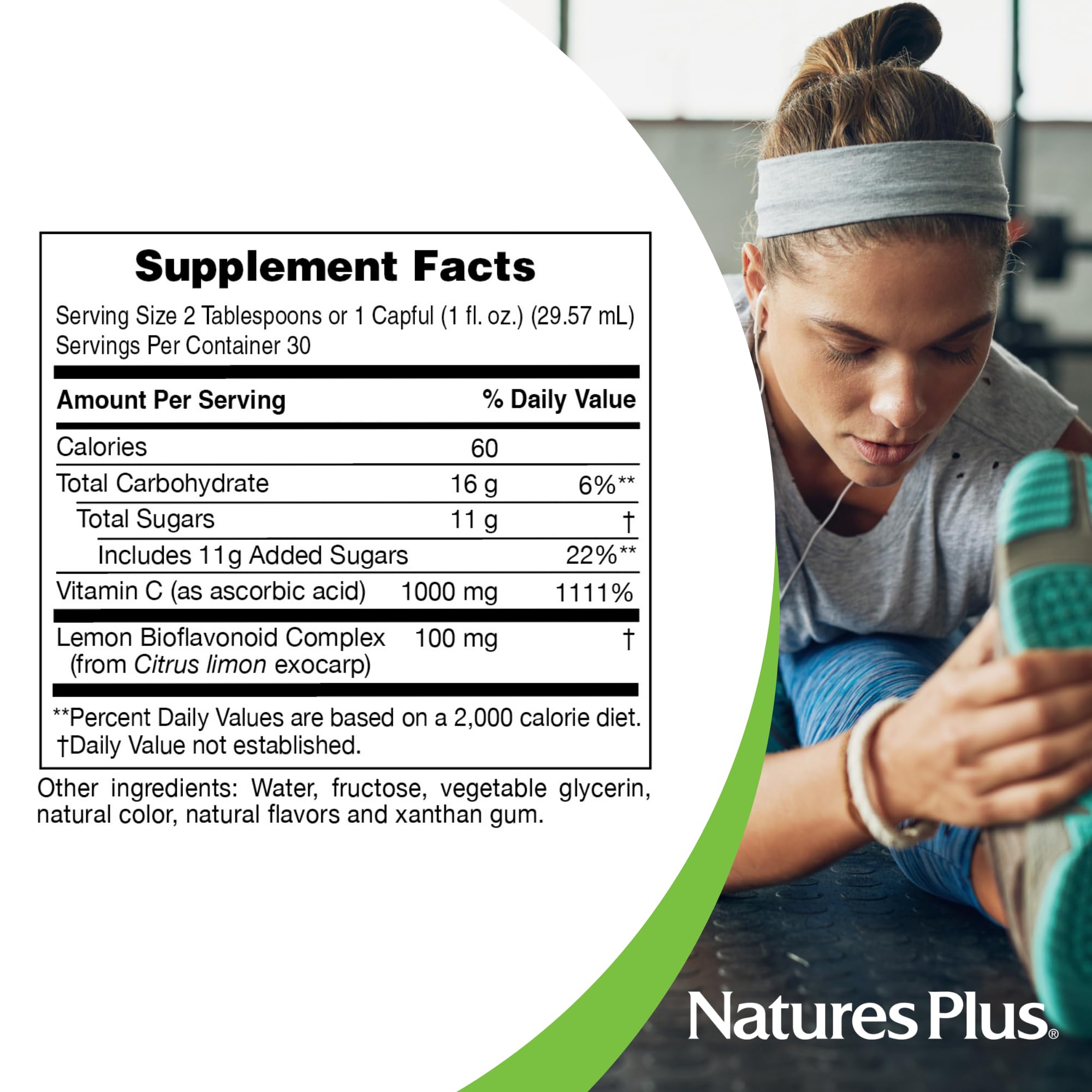 NaturesPlus Vitamina C líquida envase frontal claro con información de uso.