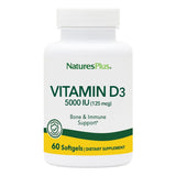 NaturesPlus Vitamina D3 5000 UI cápsulas suaves, apoyo a la salud ósea