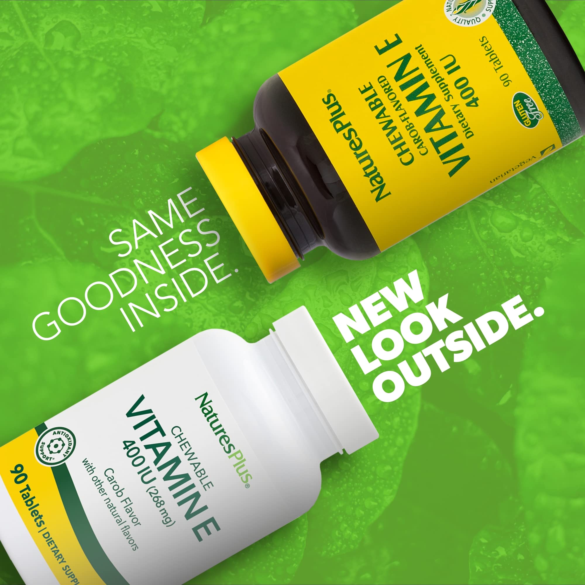 Tabletas de Vitamina E 400 UI de NaturesPlus sobre plato, sabor carob.