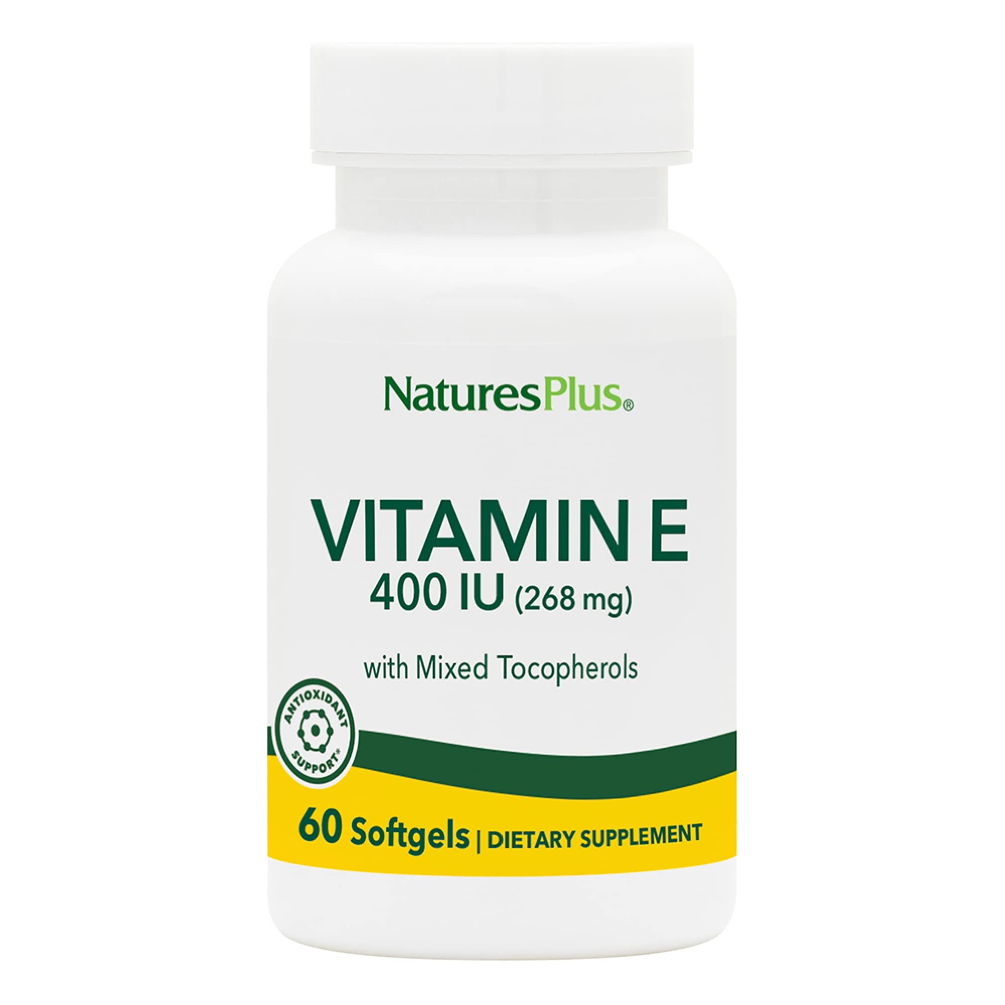 NaturesPlus Vitamina E 400 UI en botella de cápsulas para absorción óptima.