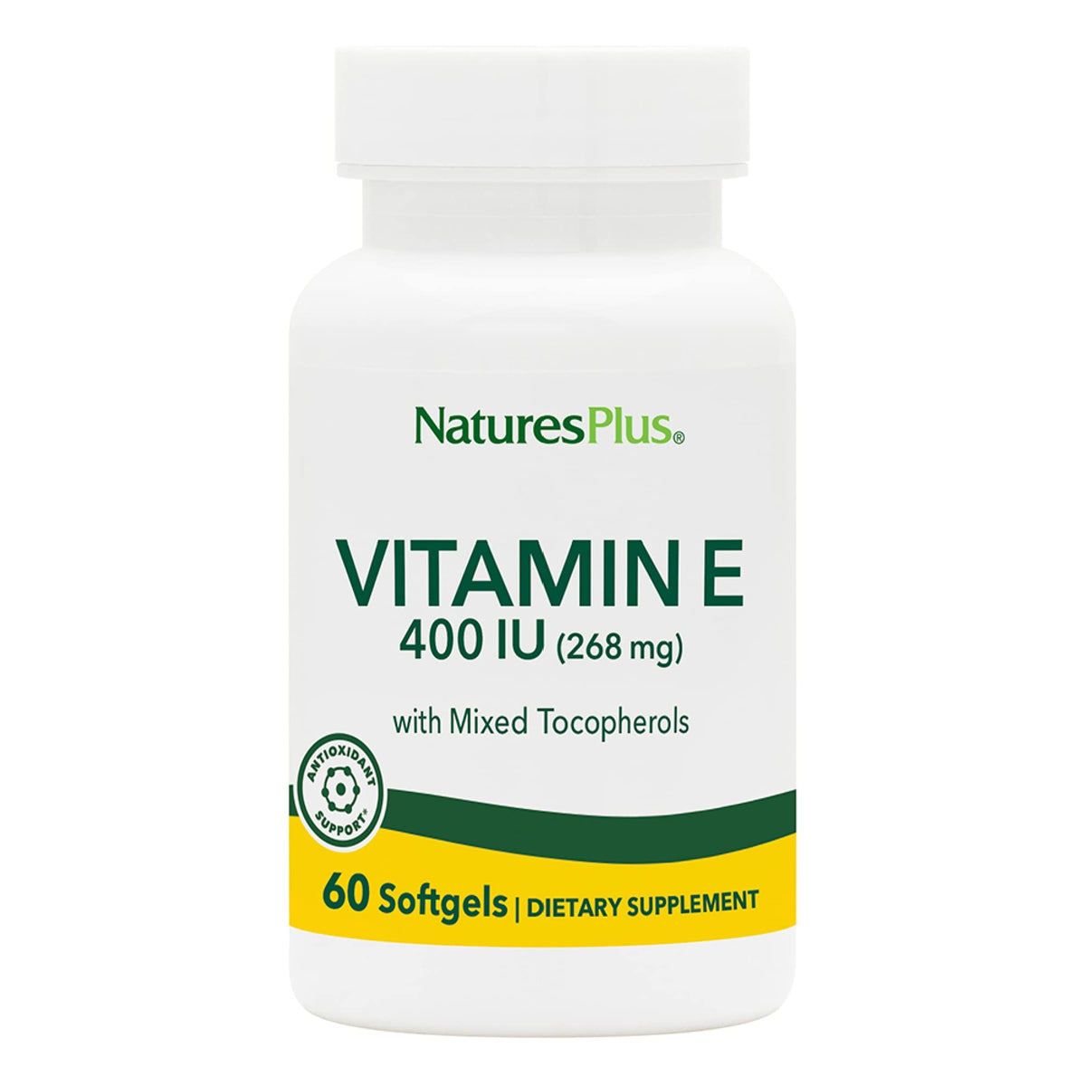 NaturesPlus Vitamina E 400 UI en botella de cápsulas para absorción óptima.