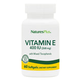 NaturesPlus Vitamina E 400 UI en botella de cápsulas para absorción óptima.