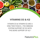 NaturesPlus D3 y K2, tabletas en primer plano, uso diario para energía