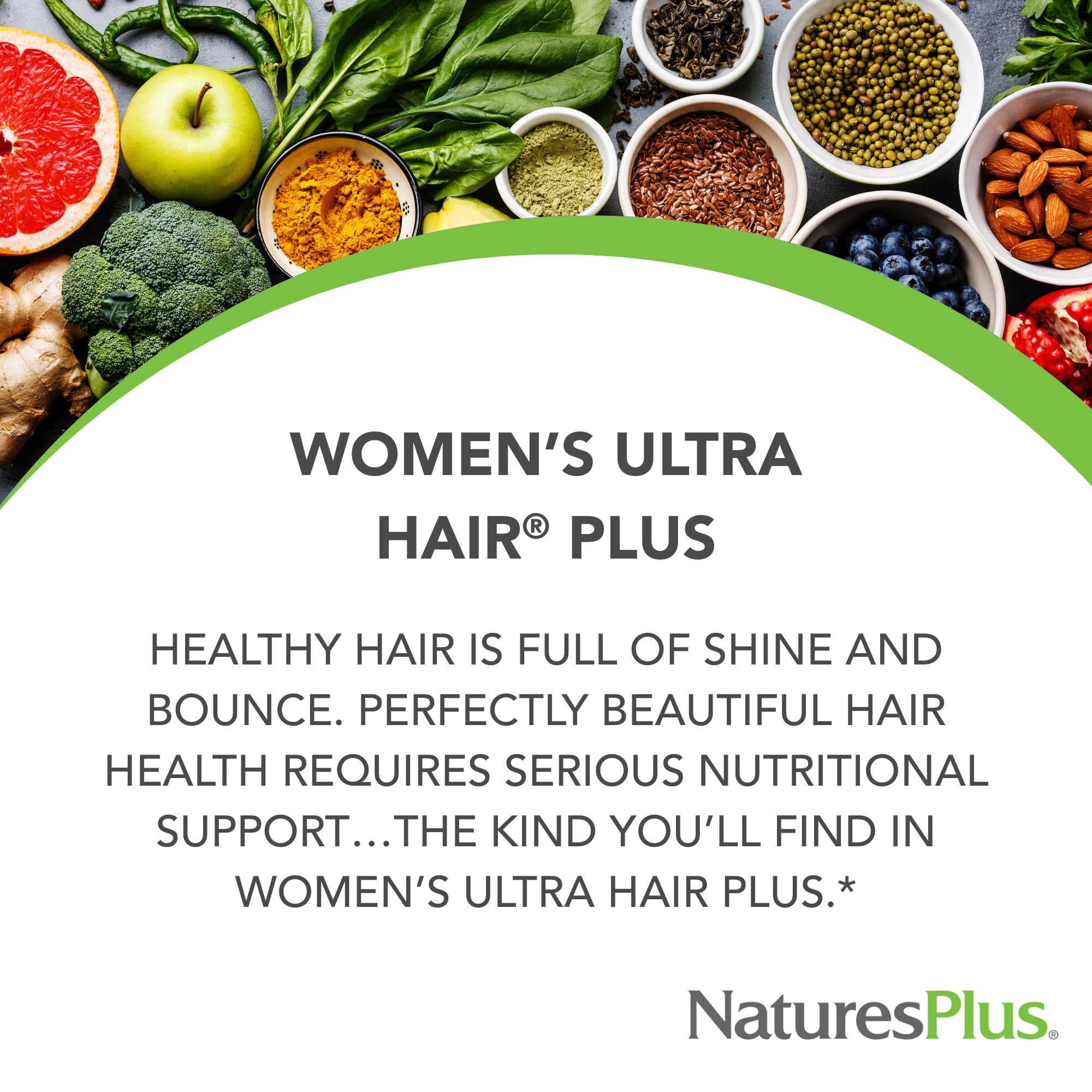 NaturesPlus Ultra Hair Plus: etiqueta que indica sin gluten y sin conservantes.