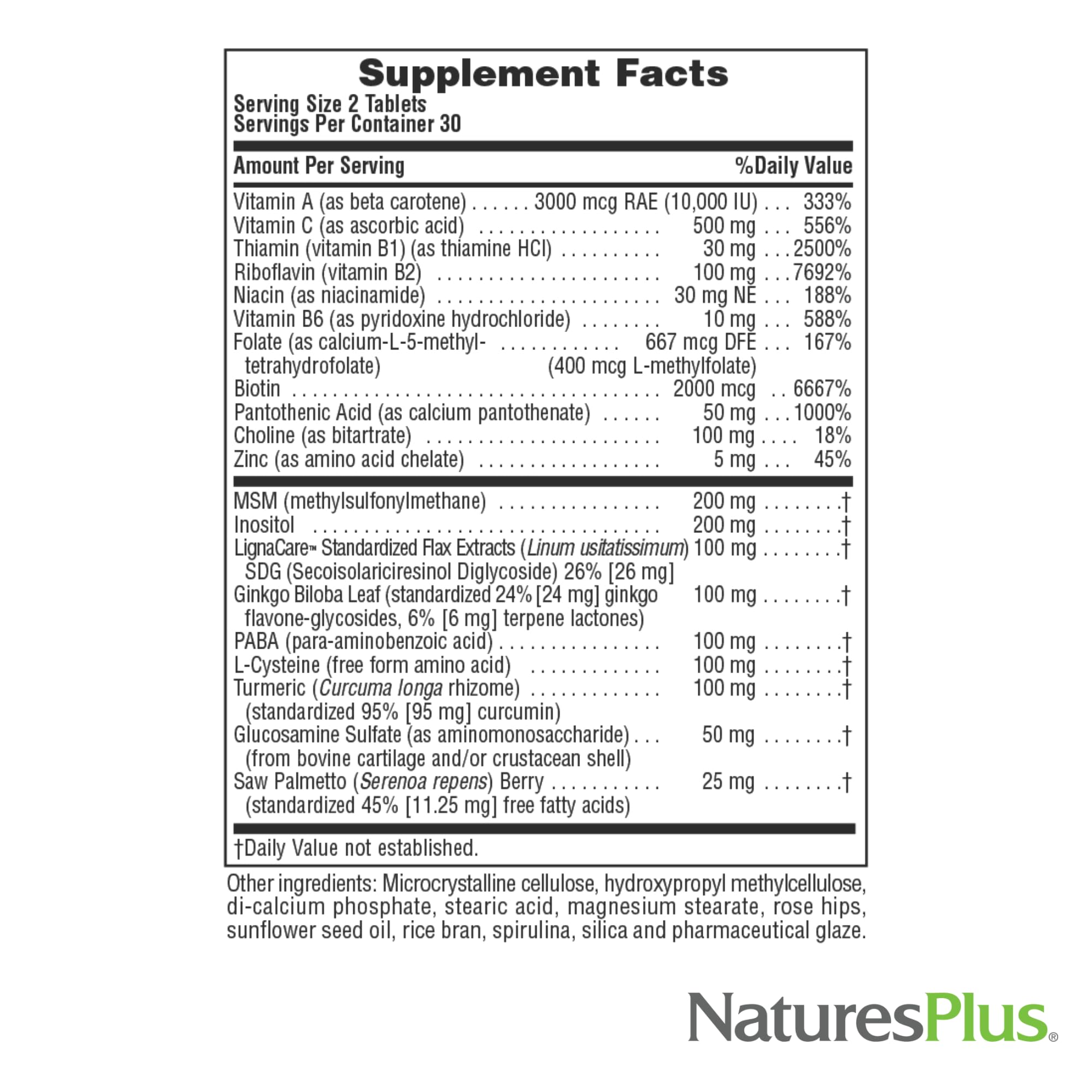 NaturesPlus Ultra Hair Plus: fórmula con MSM, linaza, curcuma, ginkgo y saw palmetto para cabello saludable.