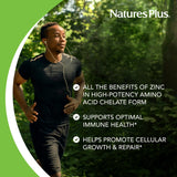 NaturesPlus Zinc 10 mg, detalle de tabletas, alta potencia en quelato de aminoácidos.