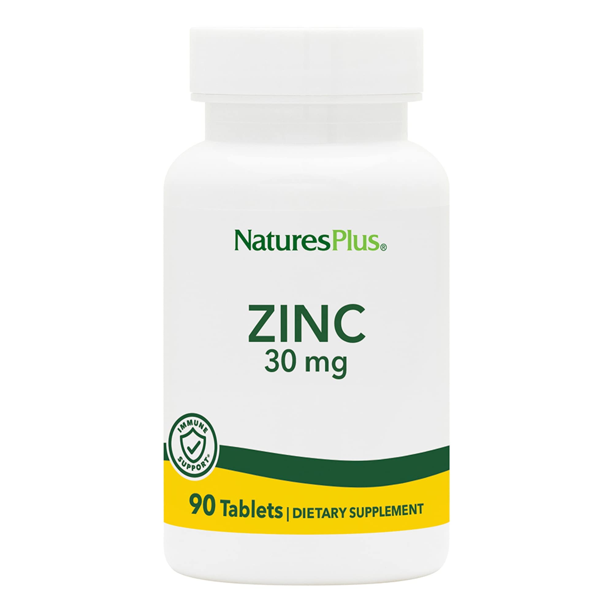 NaturesPlus Zinc 30 mg, tabletas en empaque visible, posible apoyo a la salud inmunitaria.