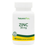 NaturesPlus Zinc 30 mg, tabletas en empaque visible, posible apoyo a la salud inmunitaria.