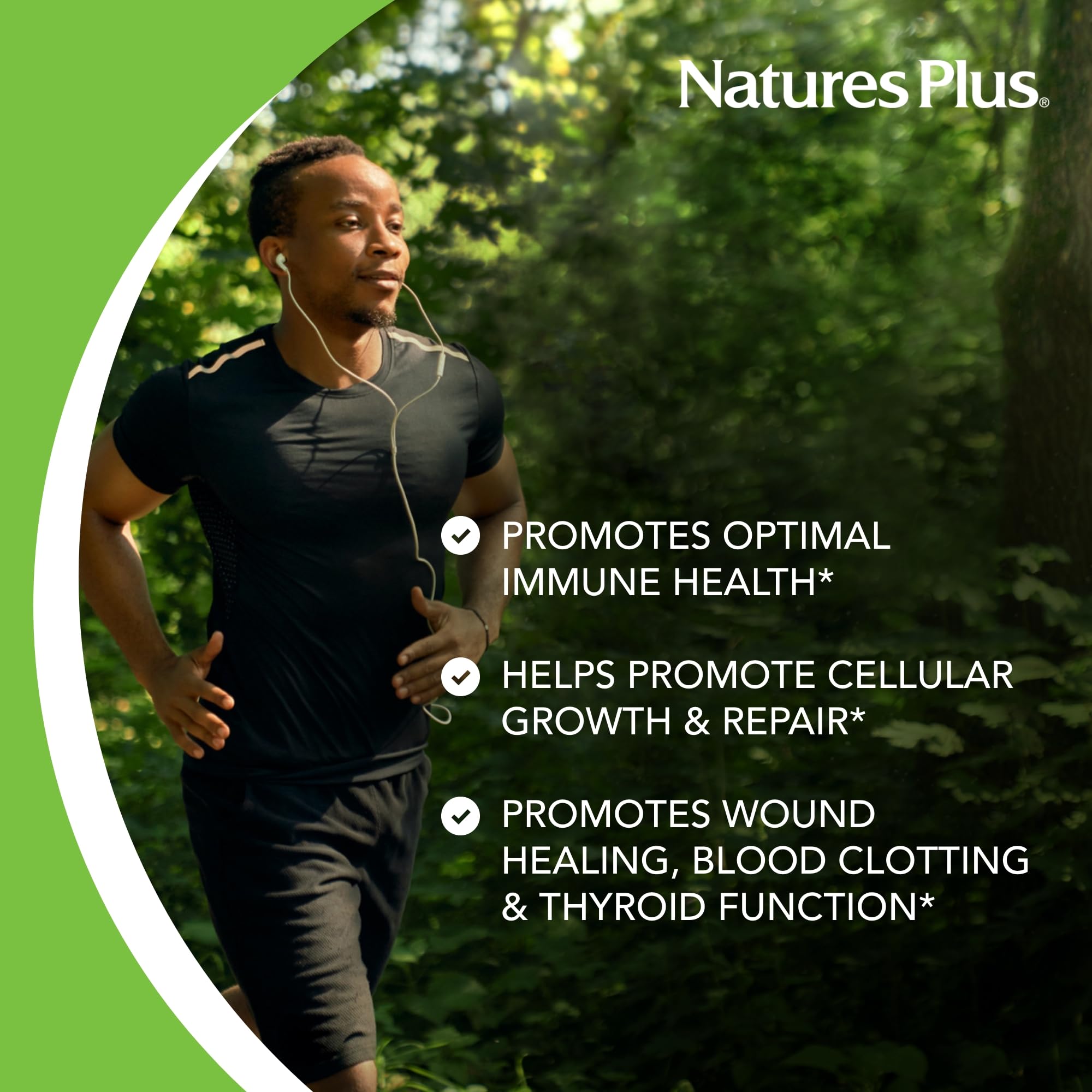 NaturesPlus Zinc 50 mg, etiqueta libre de gluten y apta para vegetarianos.