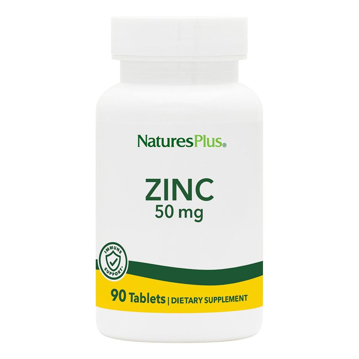 NaturesPlus Zinc 50 mg, frente del envase, apoyo diario al sistema inmune.