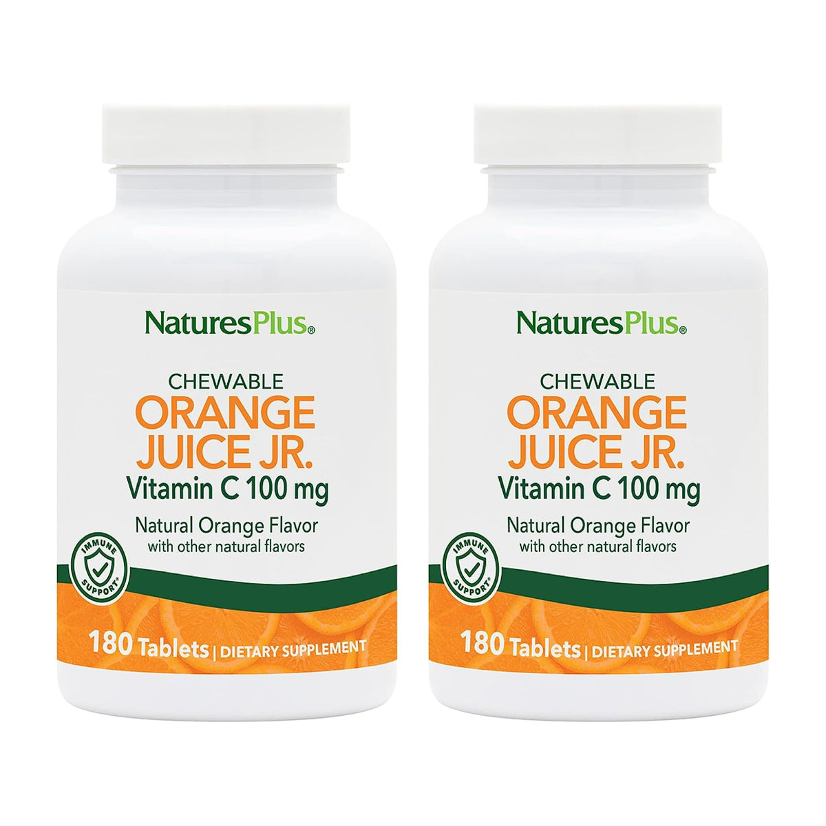 NaturesPlus Zumo de Naranja Jr. botella frontal, sabor natural para niños activos.