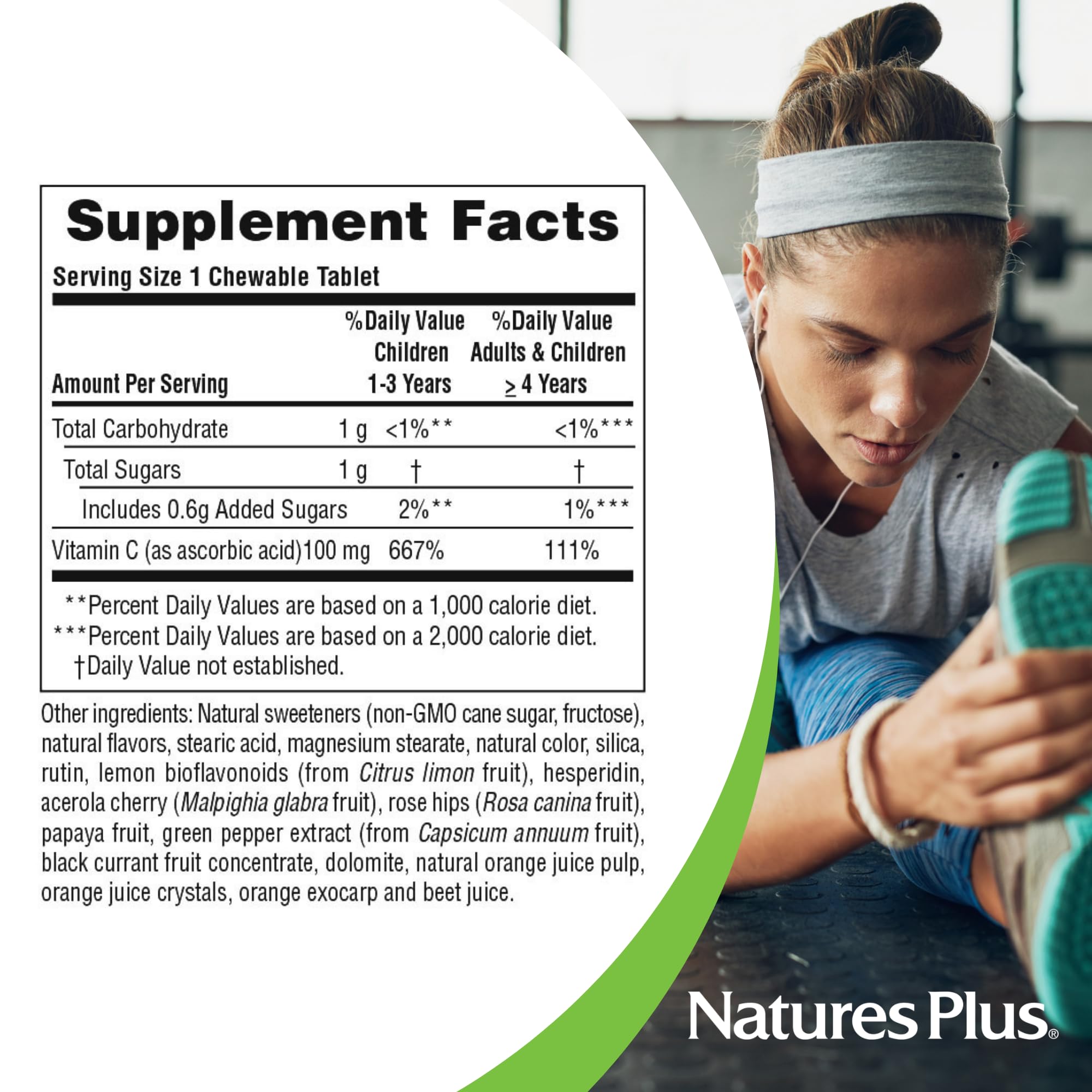 NaturesPlus Zumo de Naranja Jr. panel nutricional con datos de porciones.